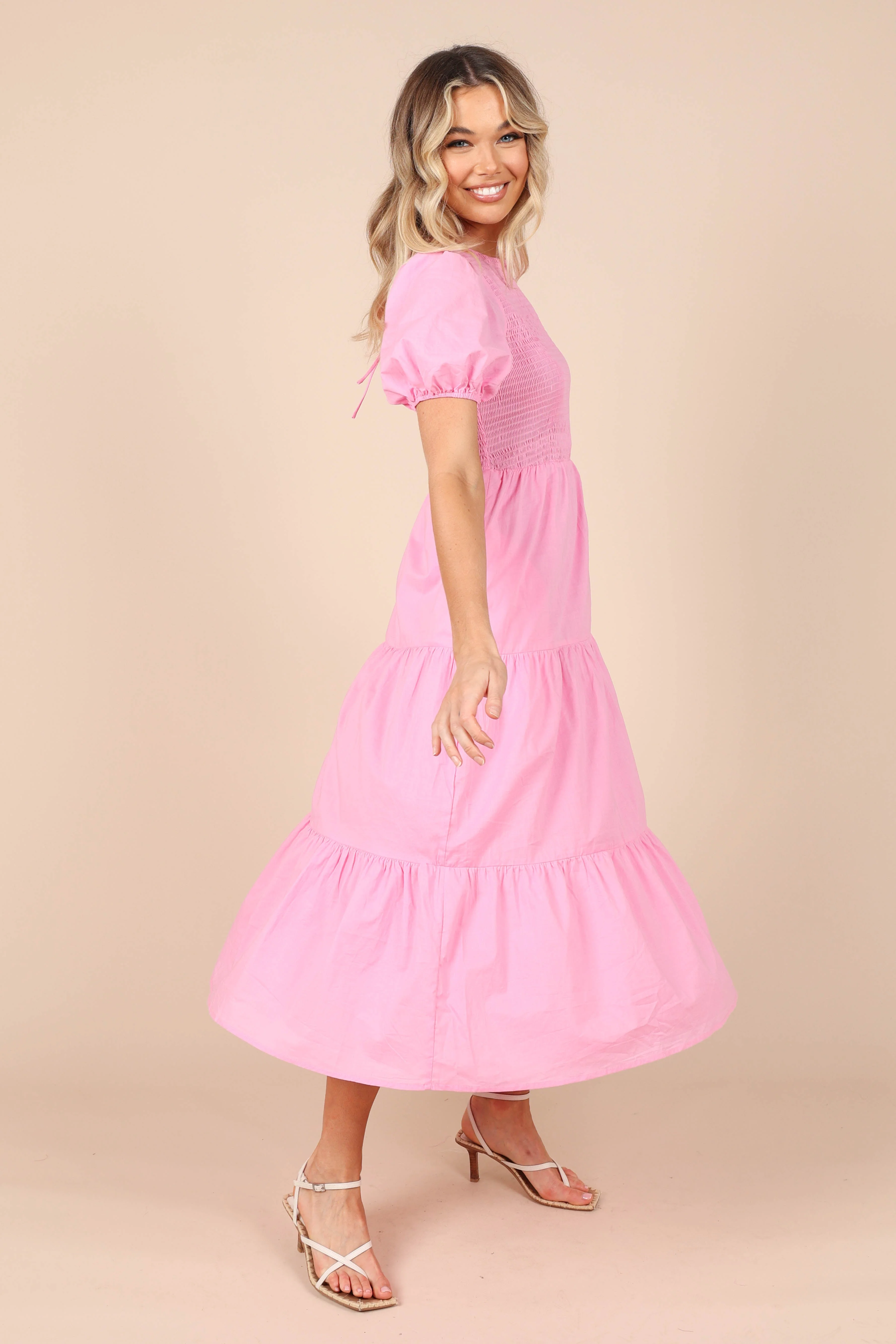 Naura Shirred Tiered Midi Dress - Pink