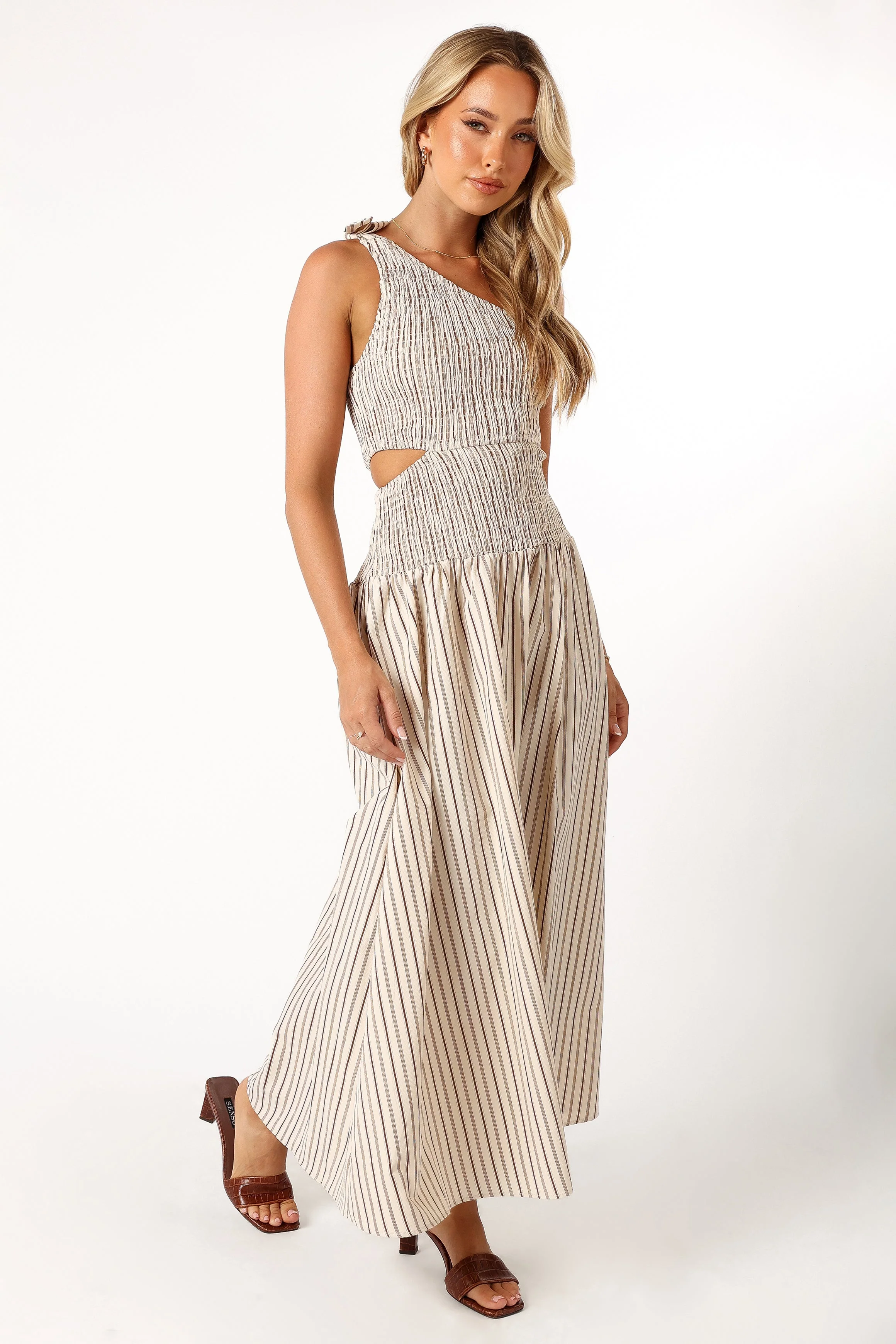 Jordana One Shoulder Midi Dress - Brown Stripe