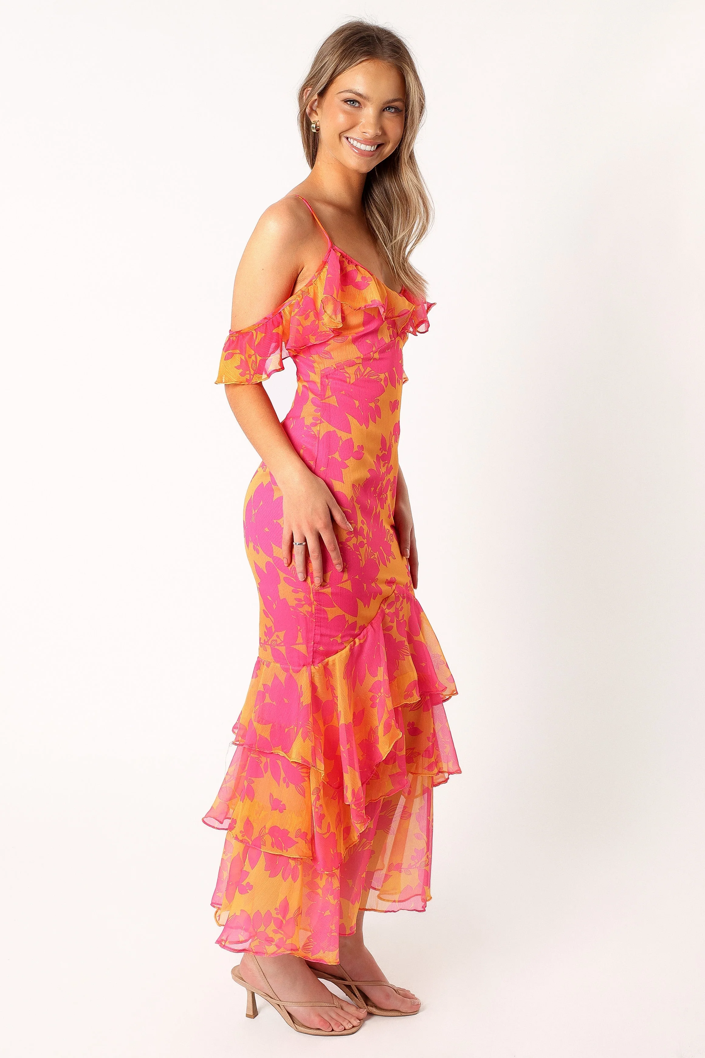 Leon Tiered Midi Dress - Pink Orange