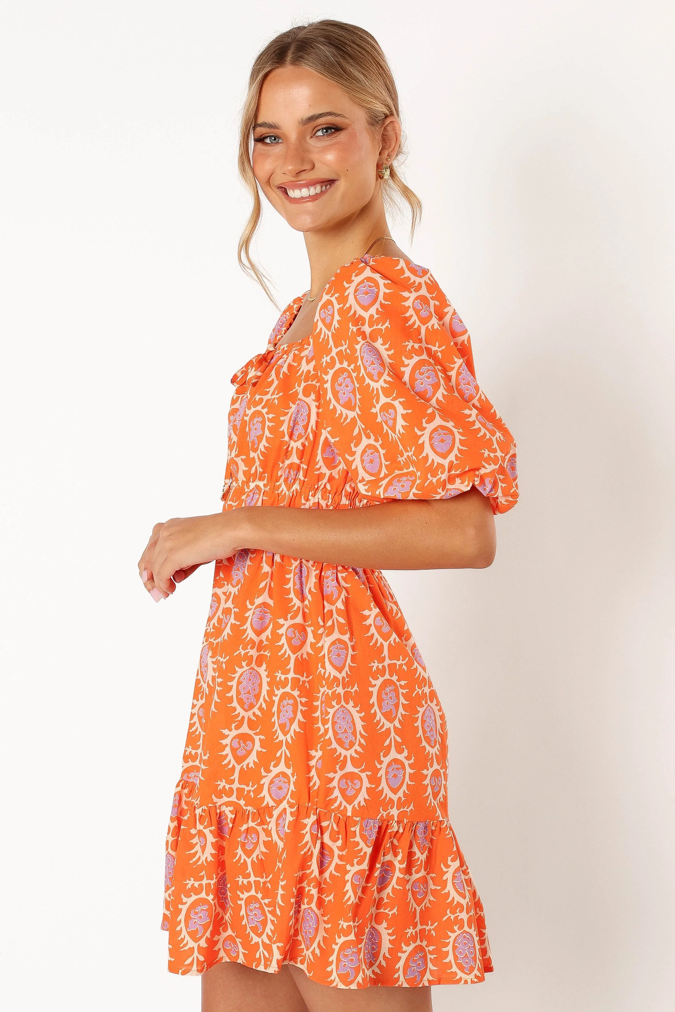 Carmen Off Shoulder Mini Dress - Orange Print