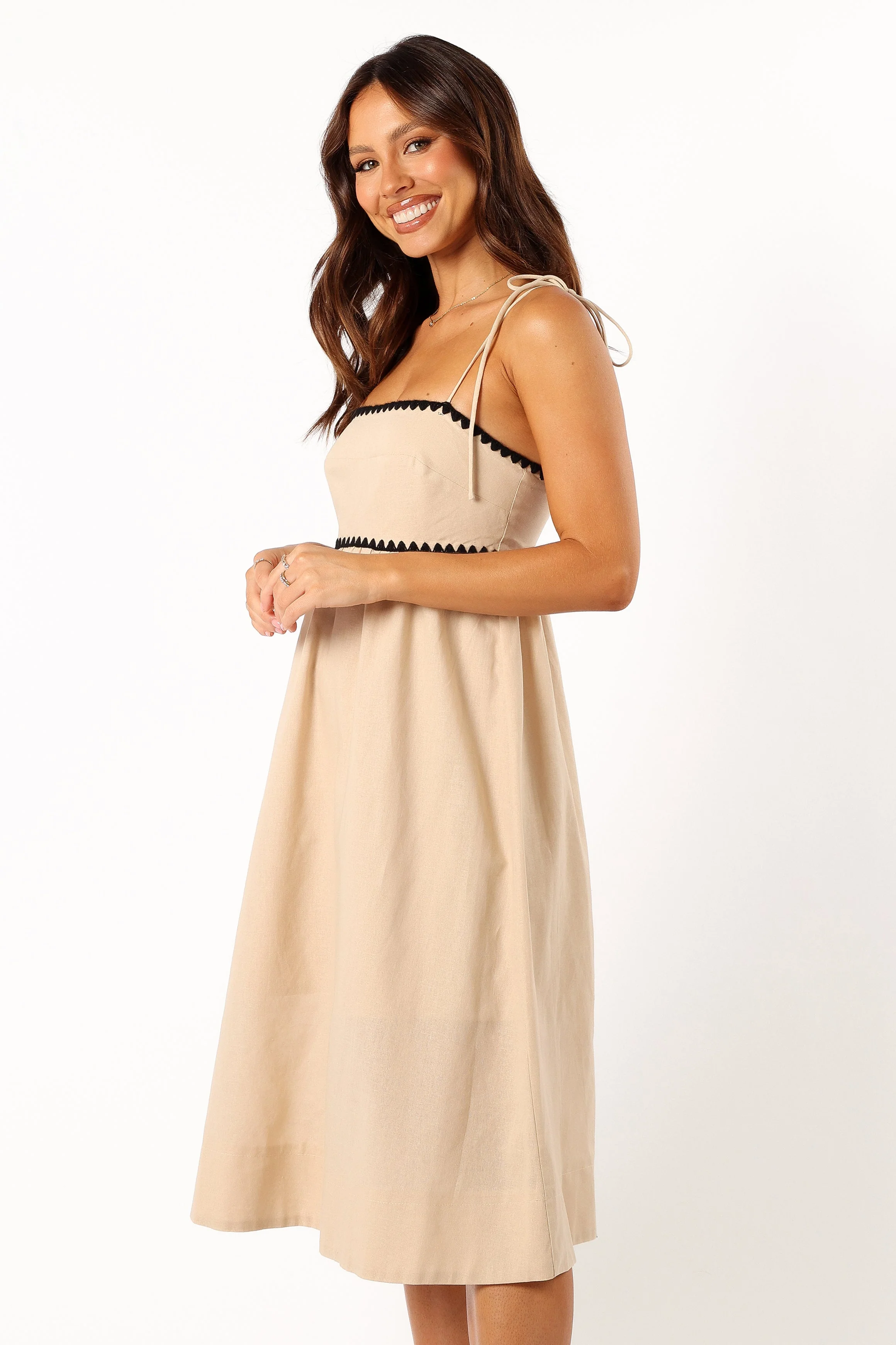 Lino Contrast Trim Midi Dress - Cream Black