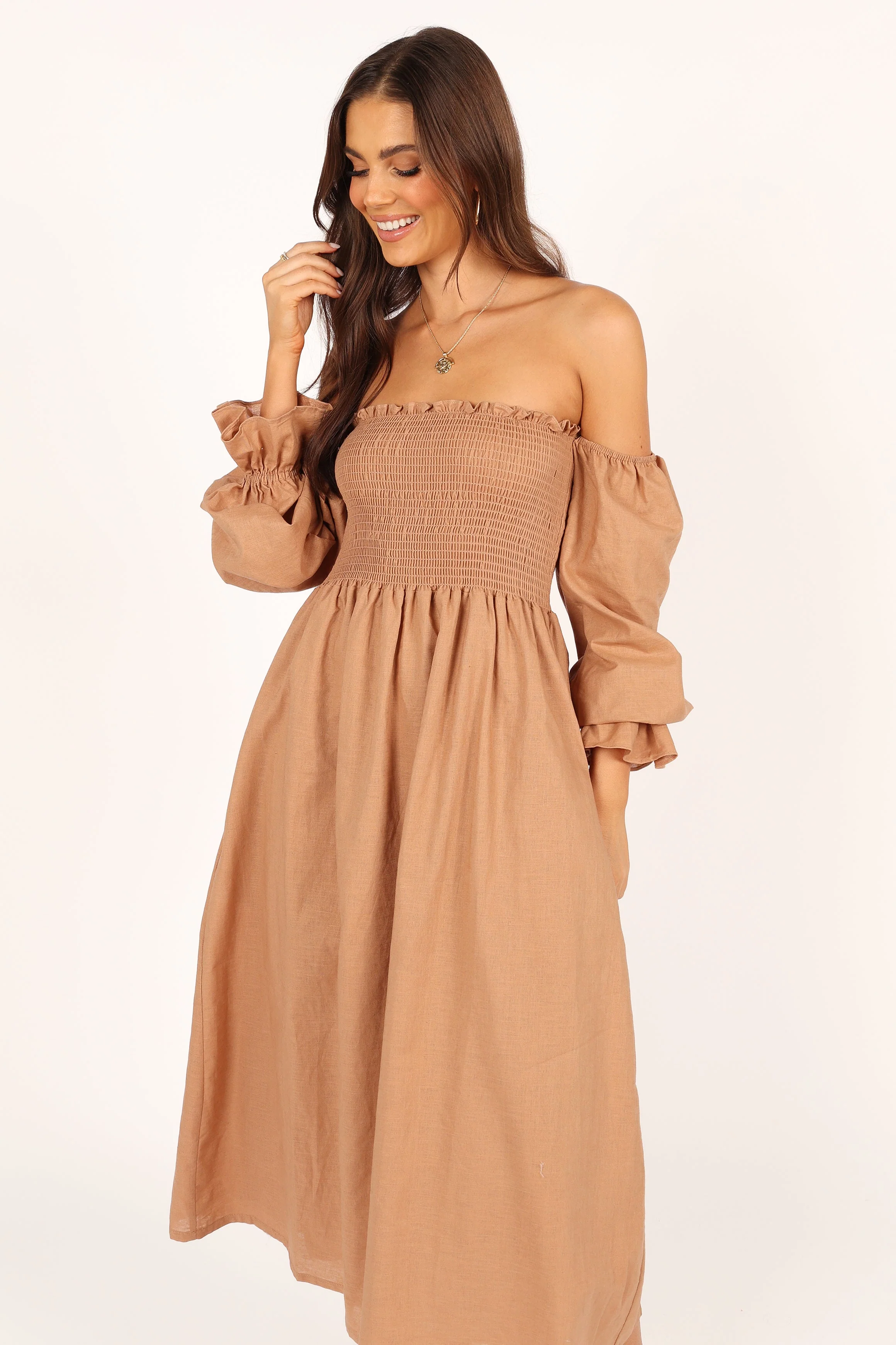 Domenica Shirred Long Sleeve Midi Dress - Tan