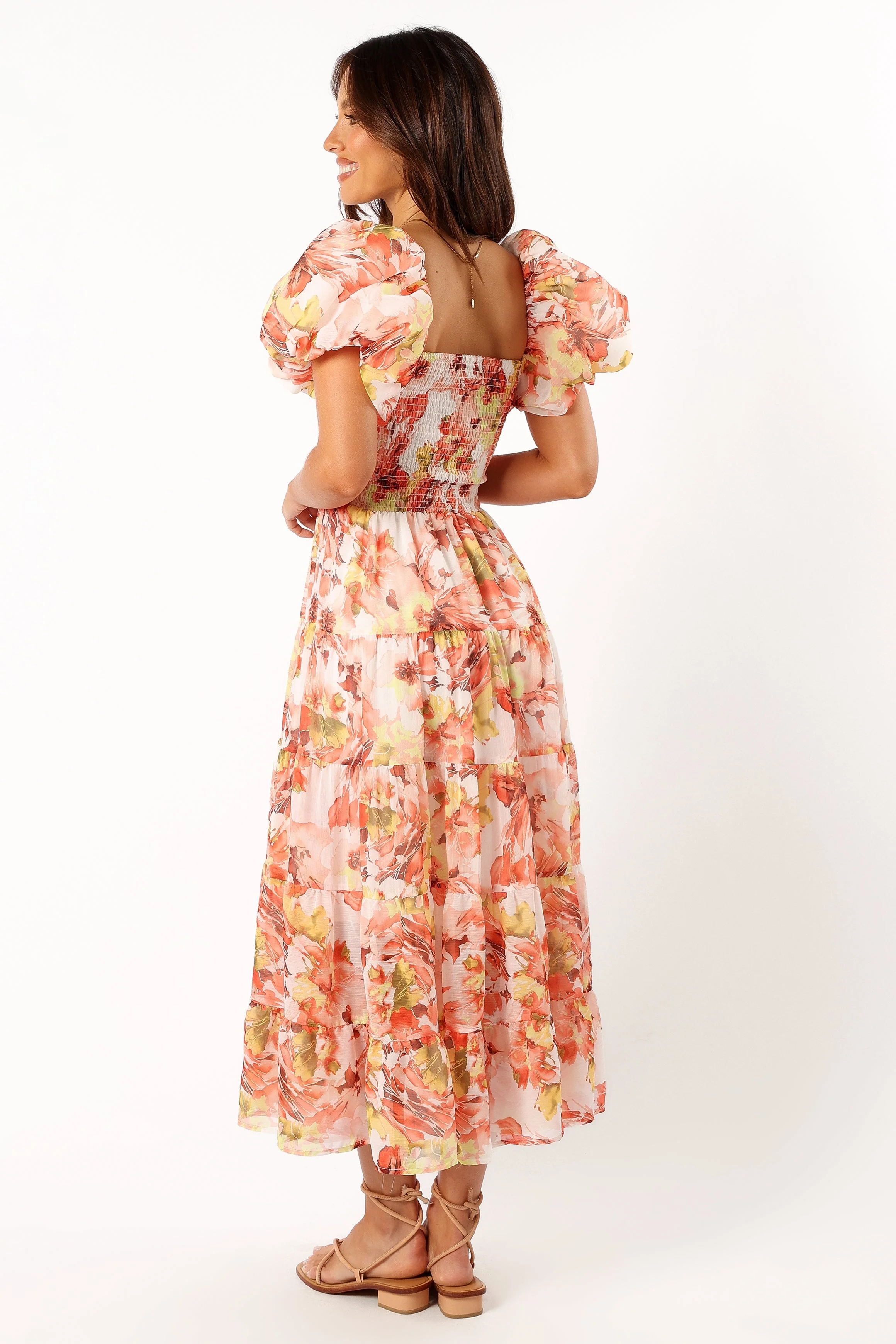 Jolie Puff Sleeve Midi Dress - Coral