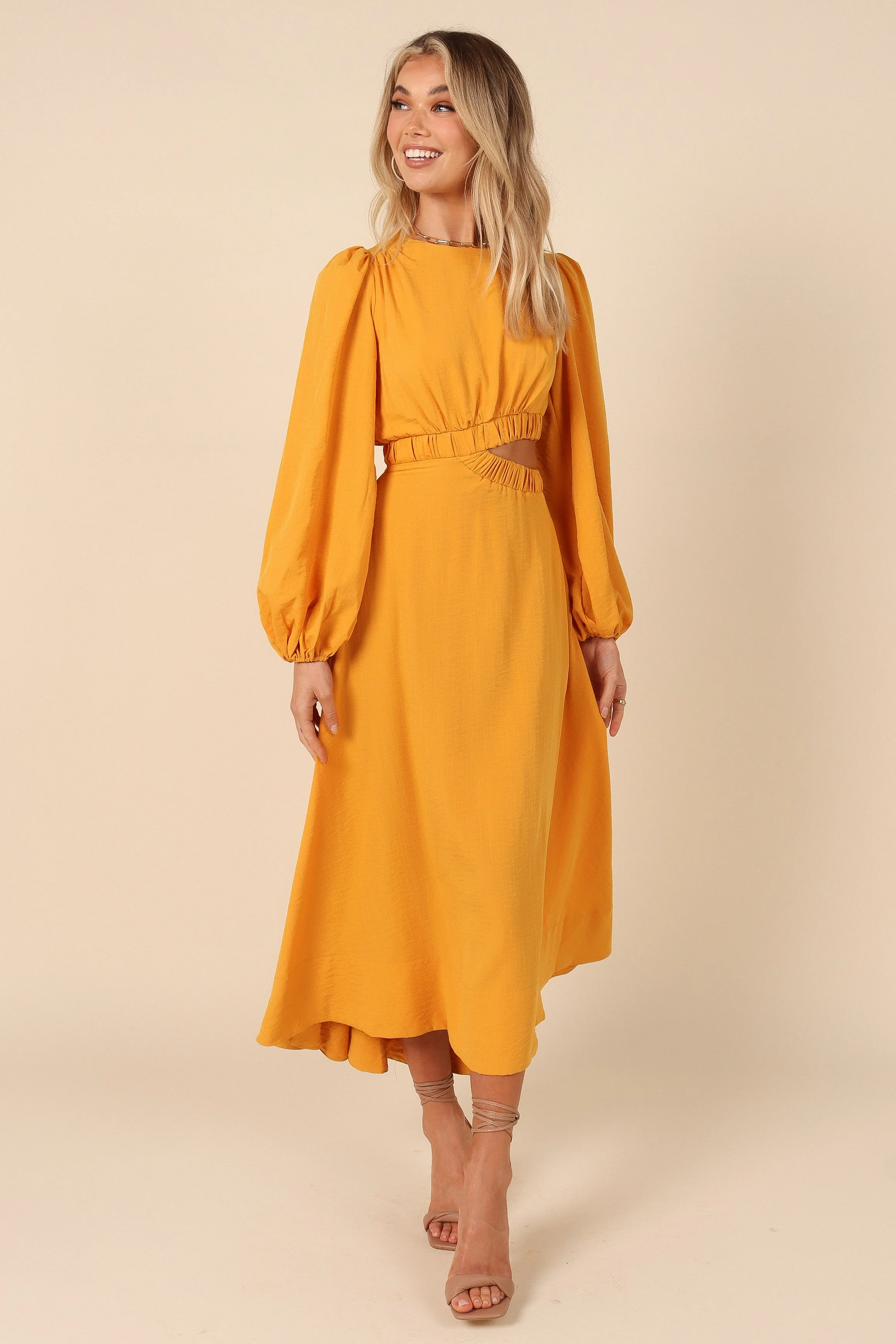 Ginnee Puff Sleeve Cutout Midi Dress - Mustard