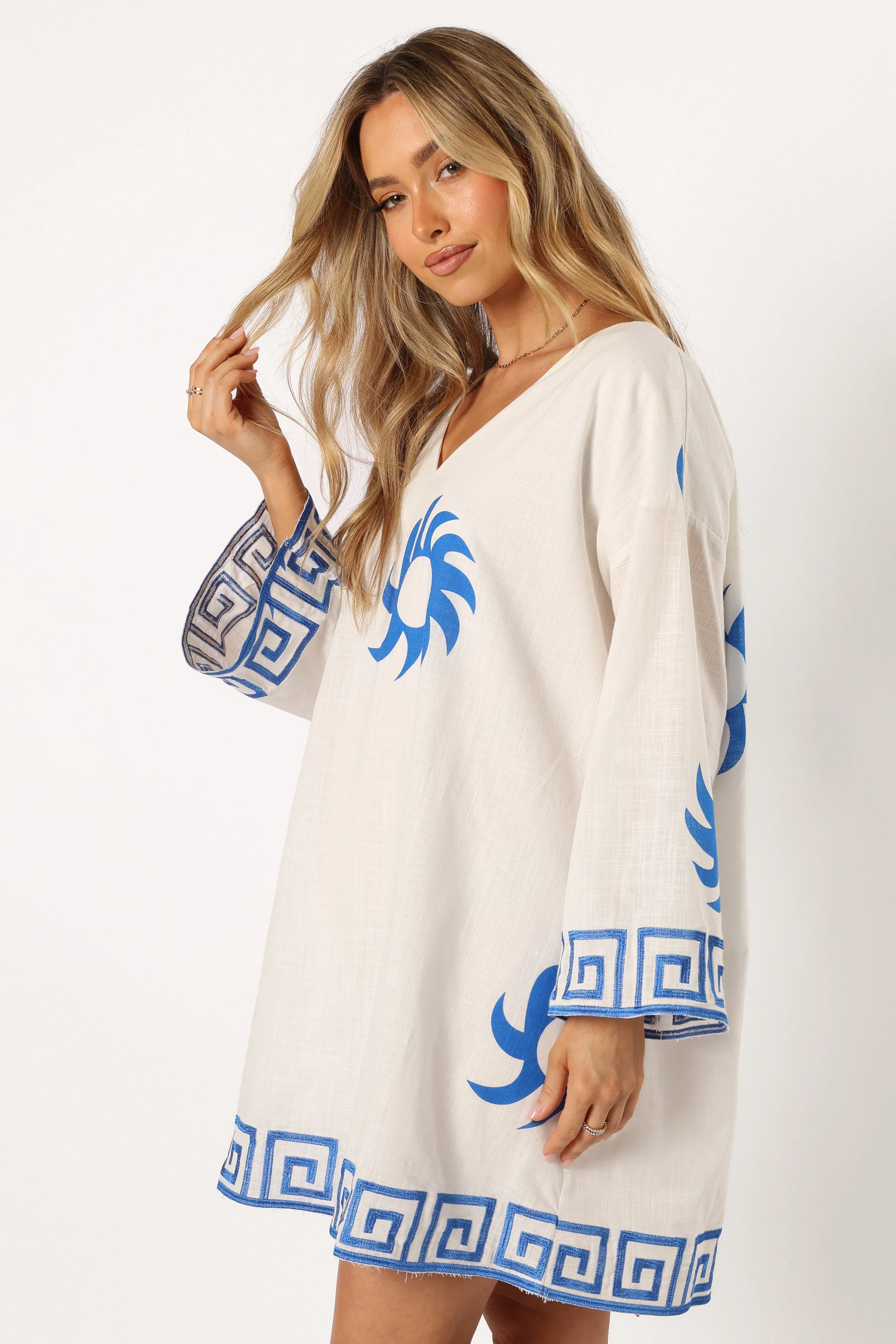 Bondi Long Sleeve Linen Mini Dress - White Blue