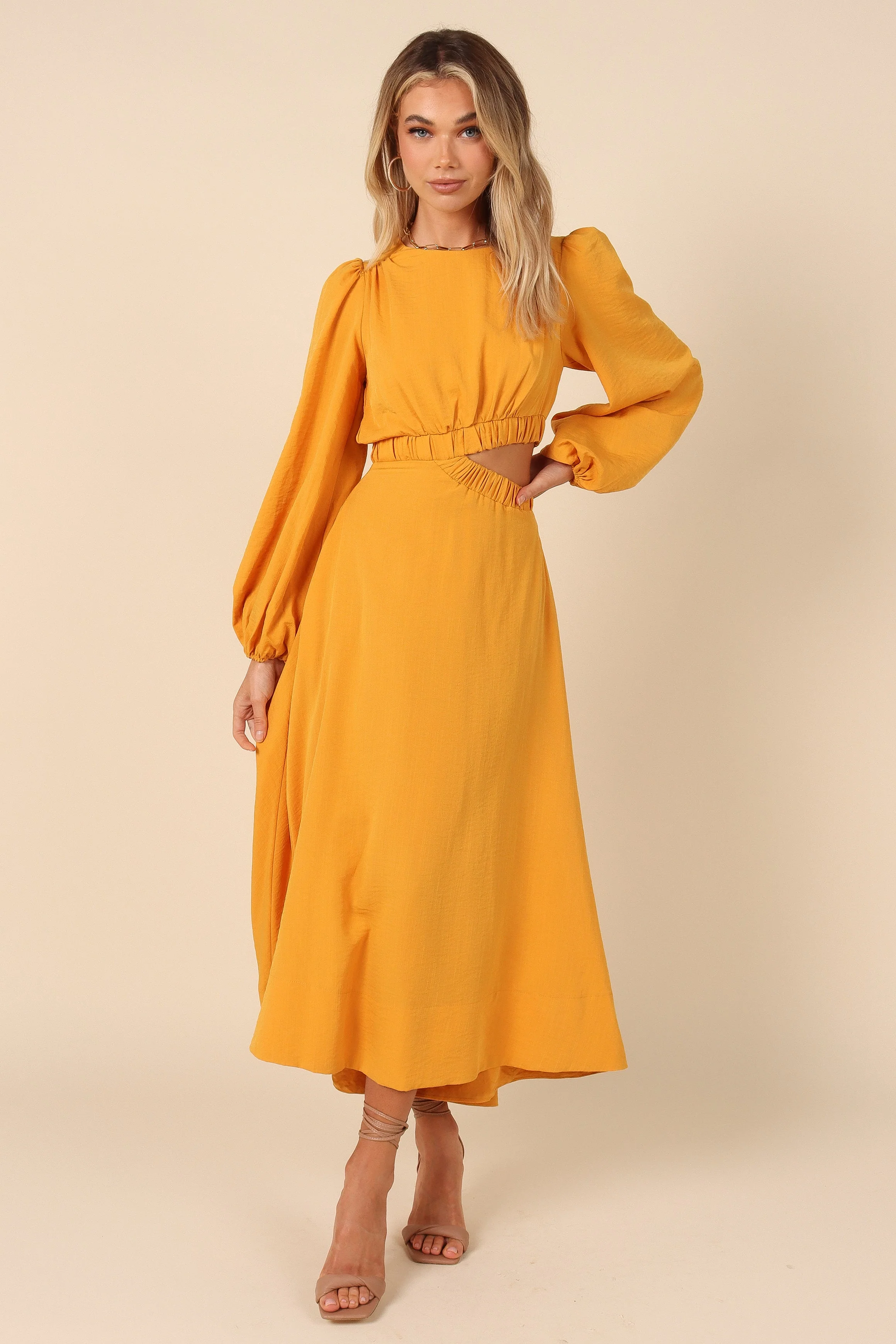 Ginnee Puff Sleeve Cutout Midi Dress - Mustard