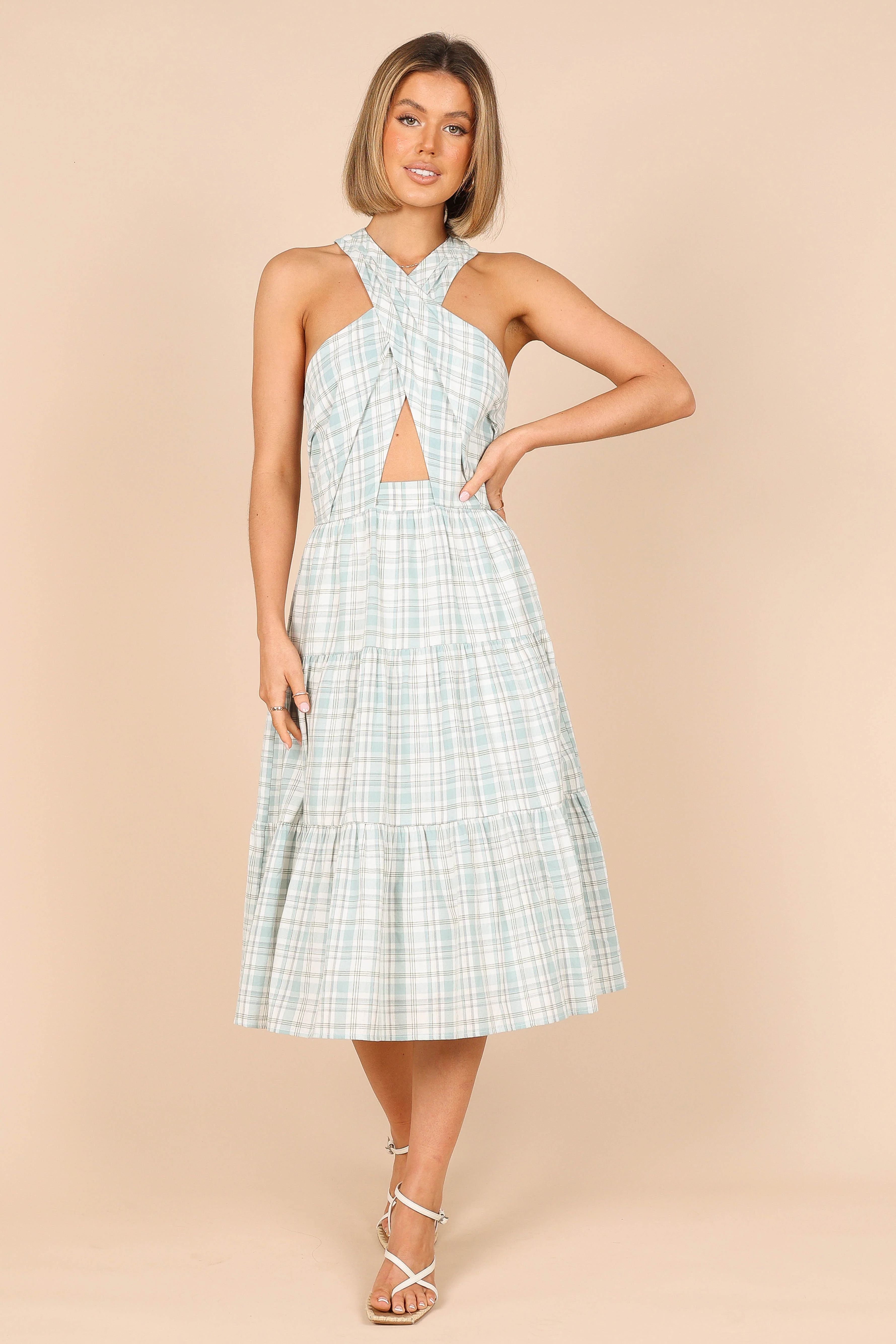 Georgian Halter Neck Midi Dress - Blue Check