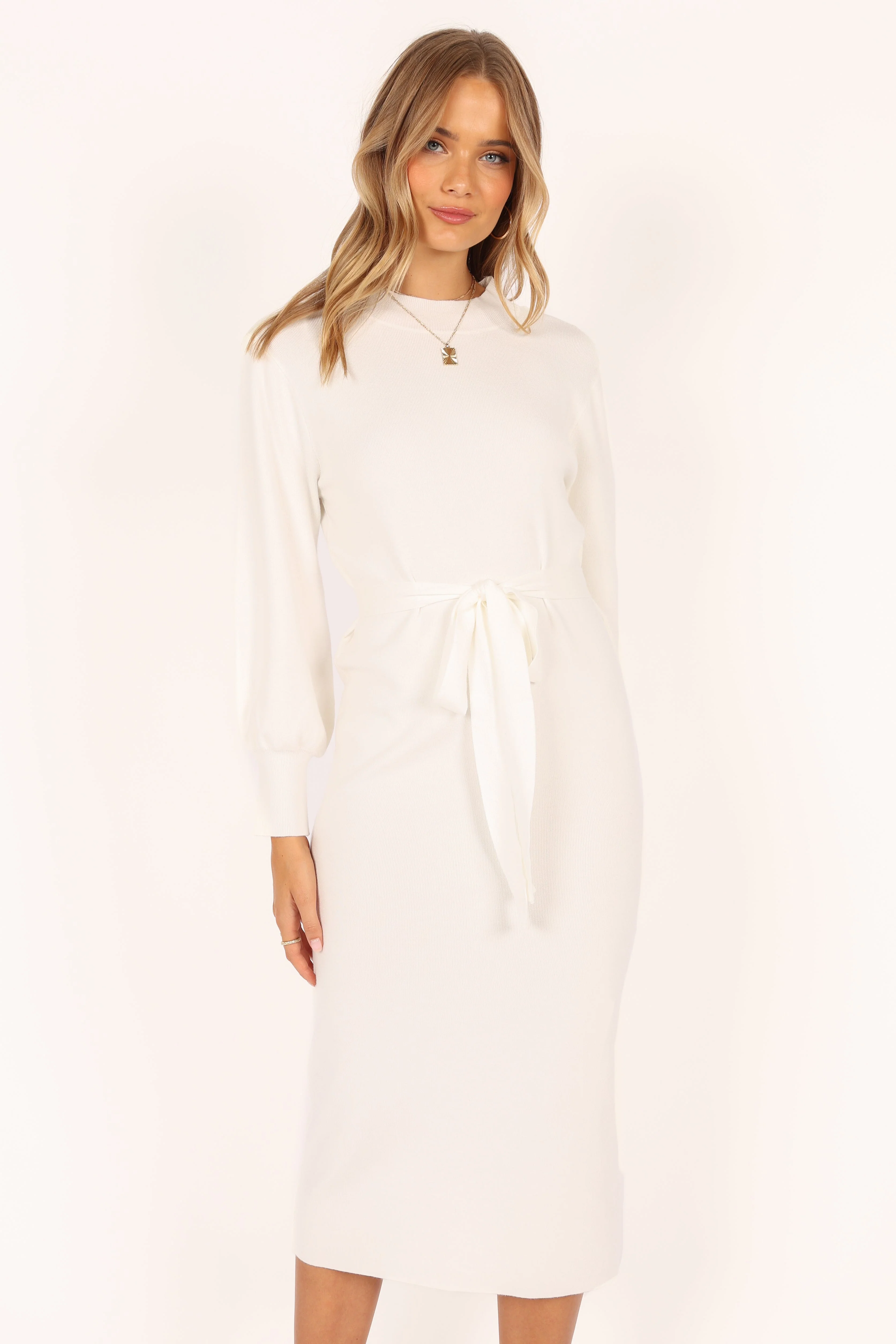 Carina Long Sleeve Midi Knit Dress - Cream