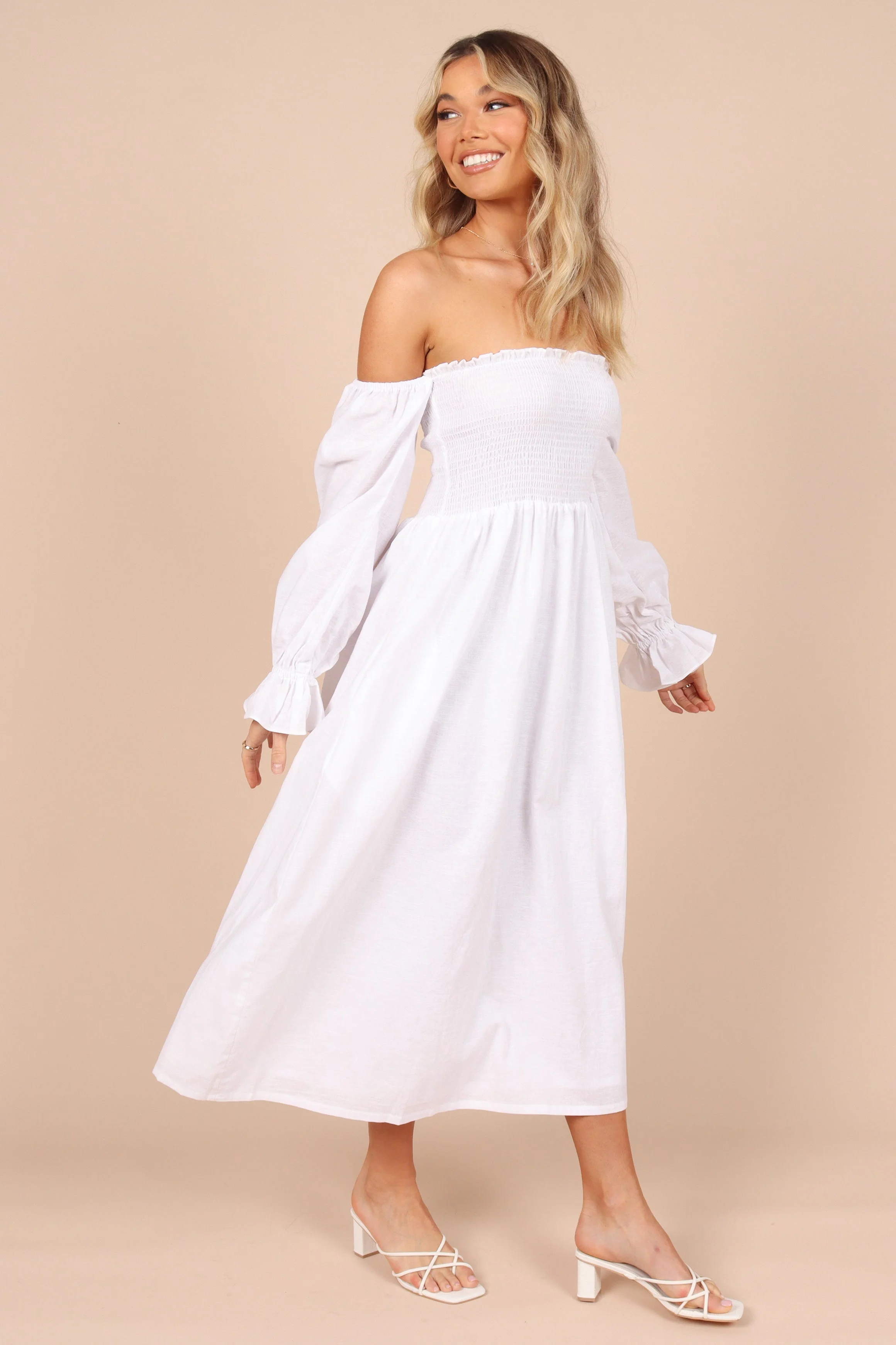 Domenica Shirred Long Sleeve Midi Dress - White