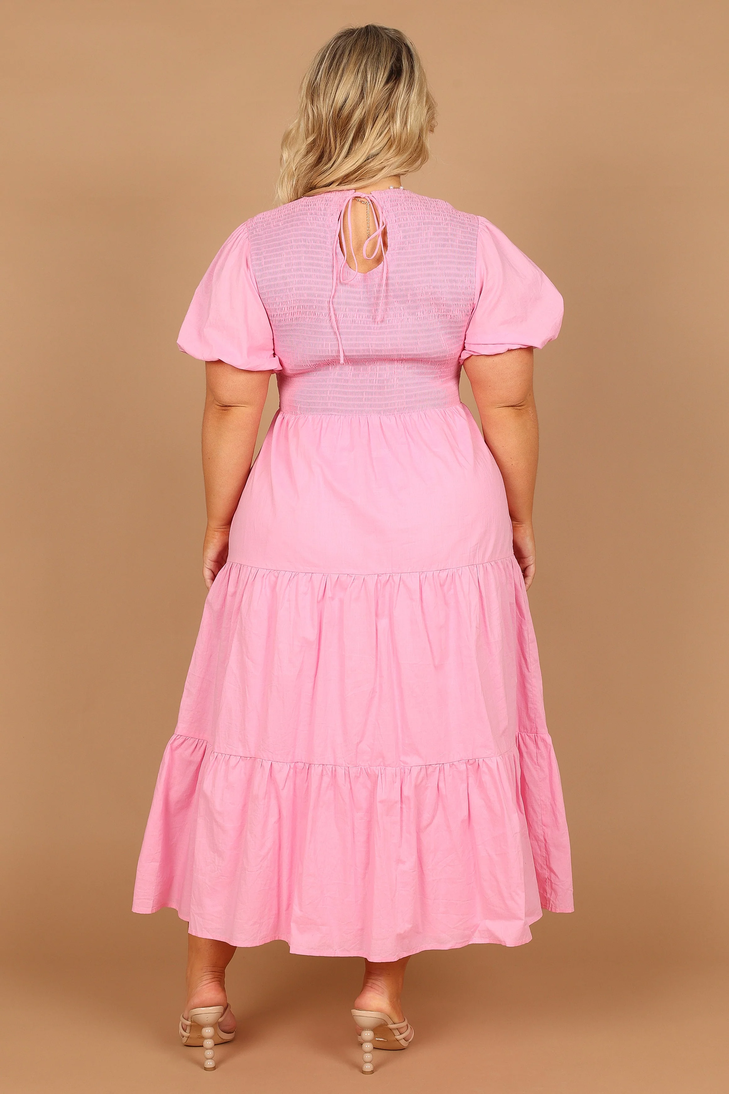 Naura Shirred Tiered Midi Dress - Pink