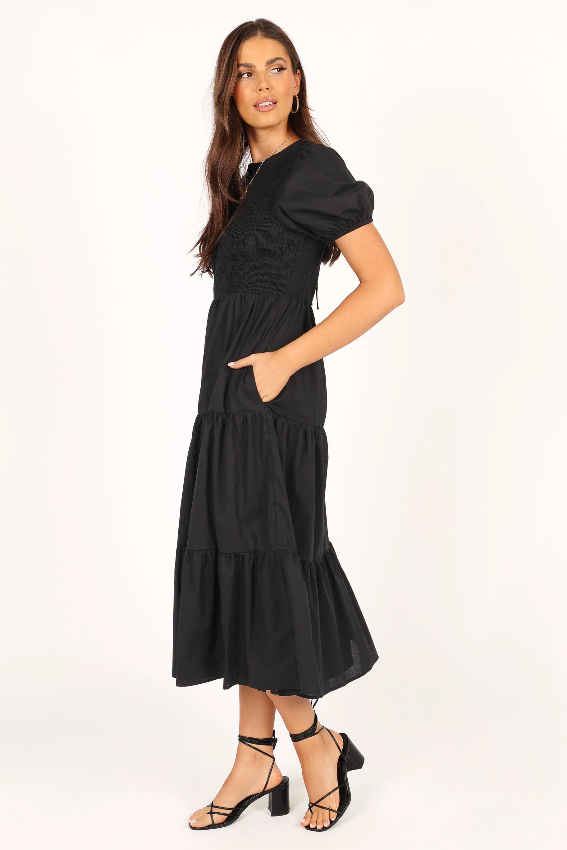 Naura Shirred Tiered Midi Dress - Black