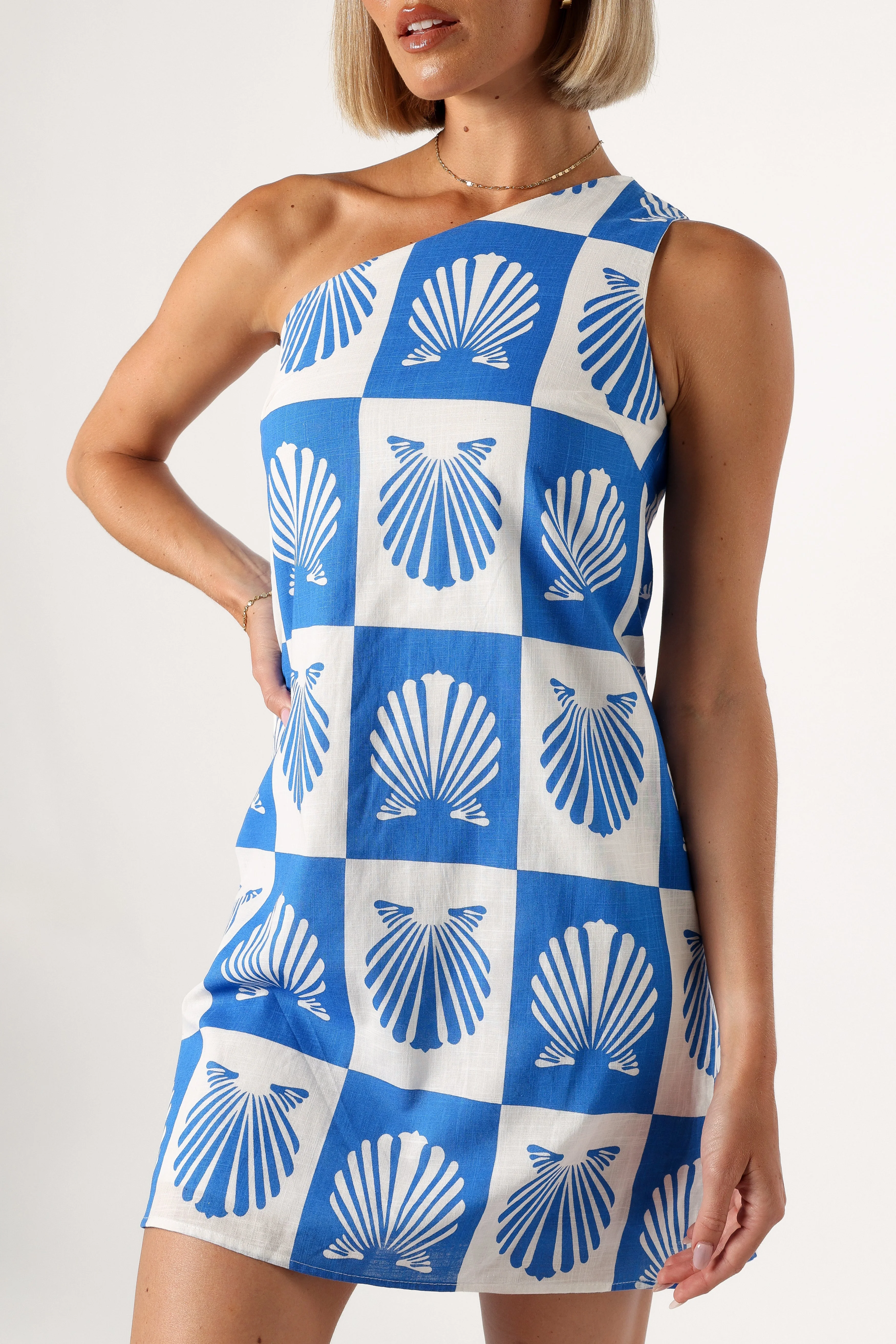 Matteo One Shoulder Mini Dress - Blue Print