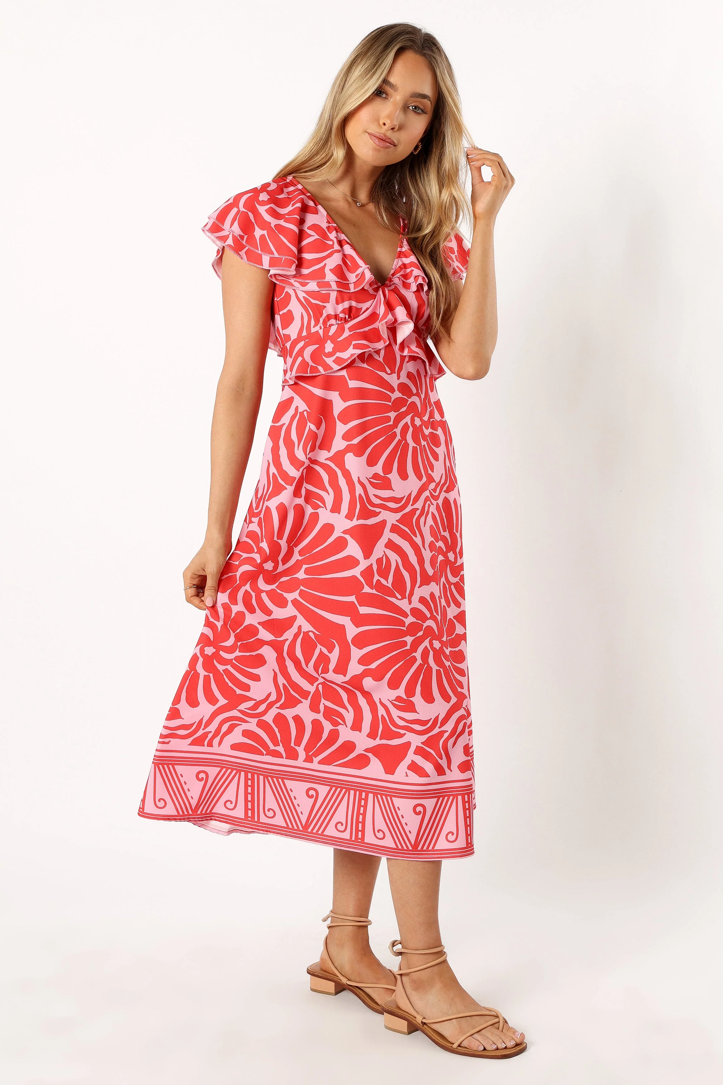 Harris Frill Sleeve Midi Dress - Red Pink