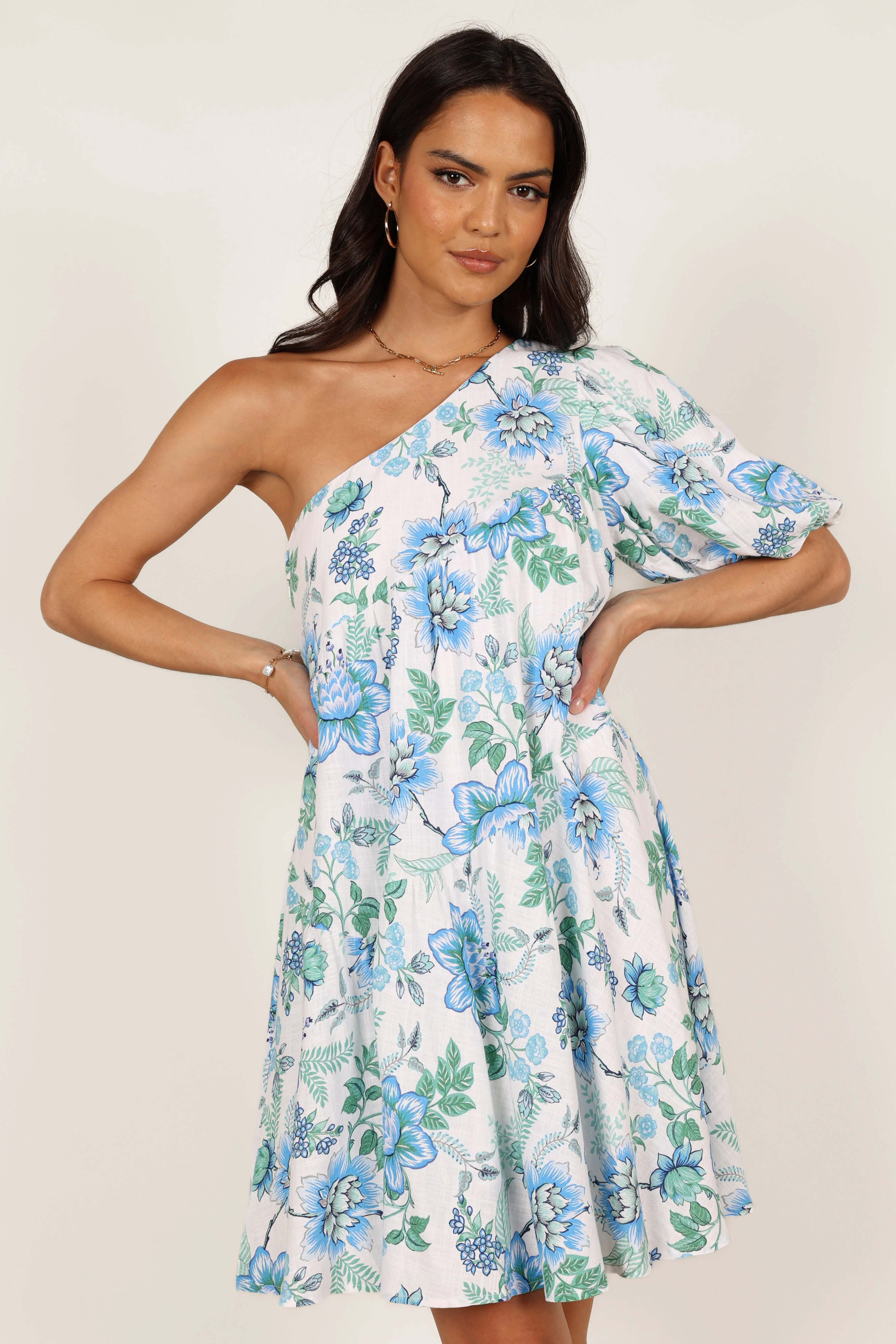Rosalind One Shoulder Mini Dress - Blue Floral