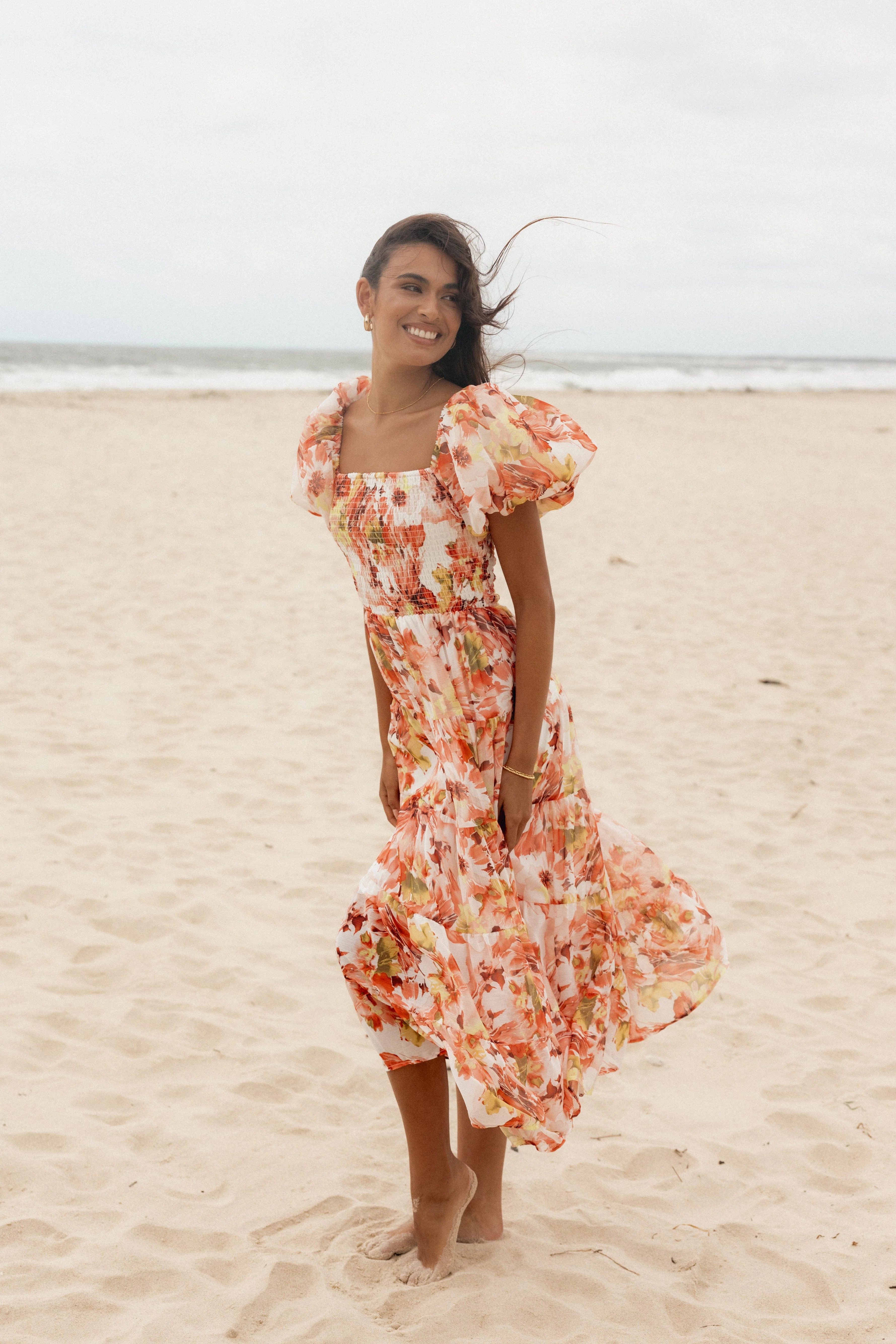 Jolie Puff Sleeve Midi Dress - Coral