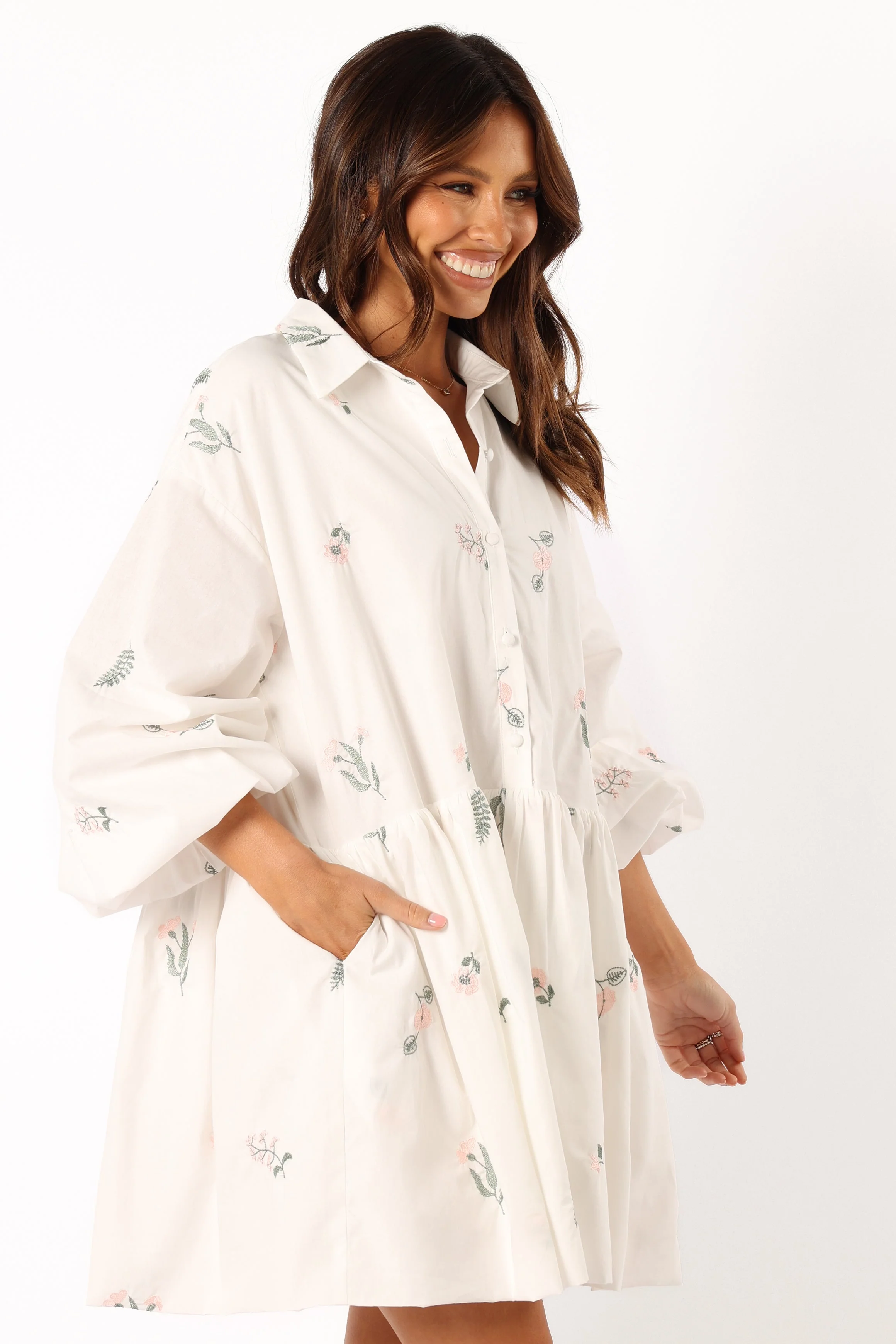 Daisy Long Sleeve Mini Dress - White Floral