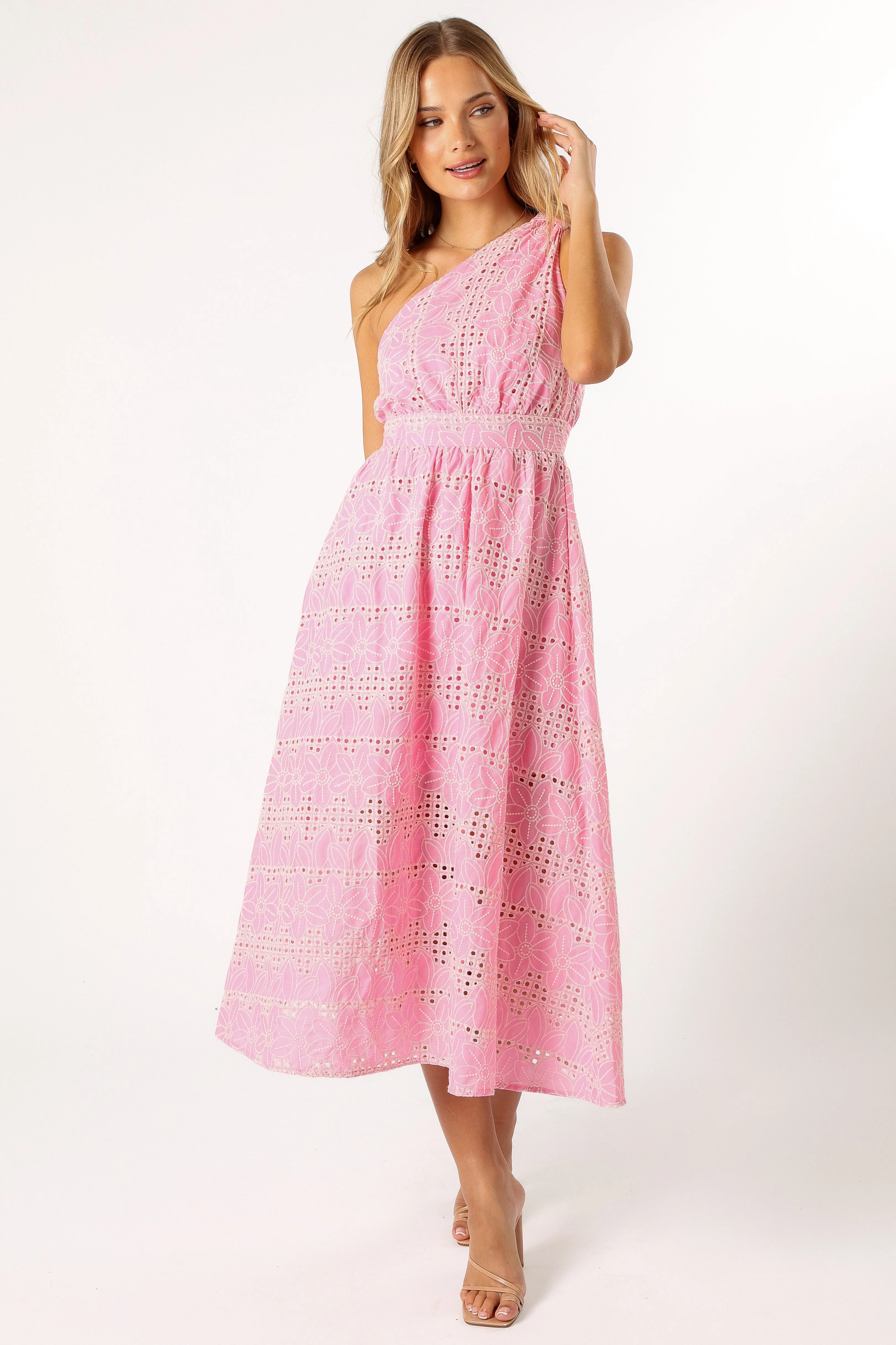 Cinderose One Shoulder Midi Dress - Pink