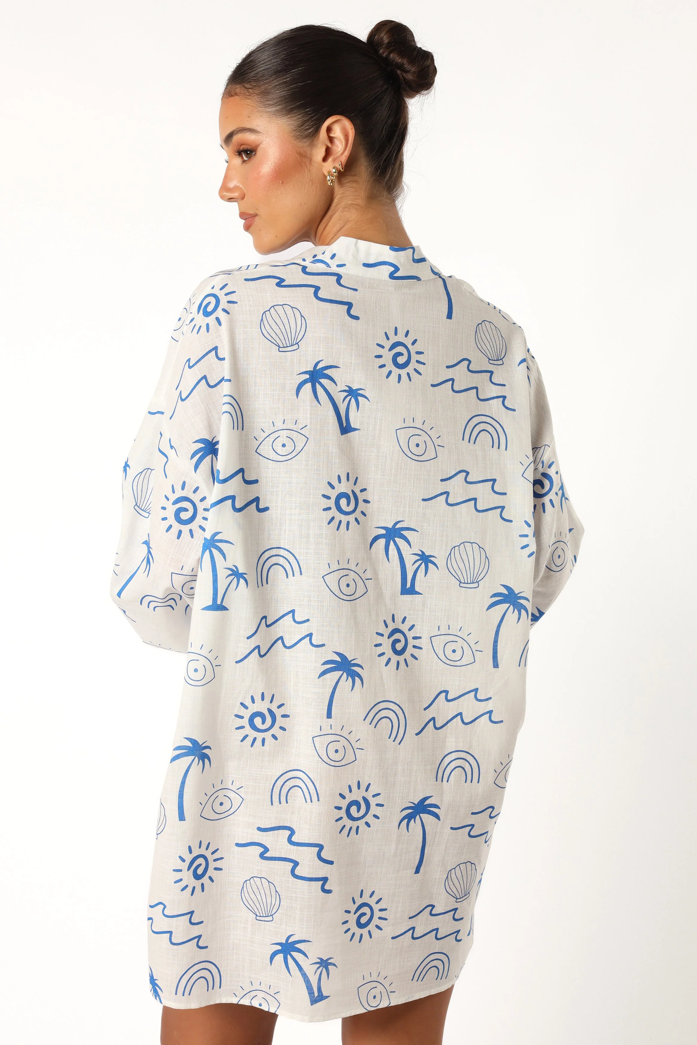 Laila Long Sleeve Linen Mini Dress - White Blue