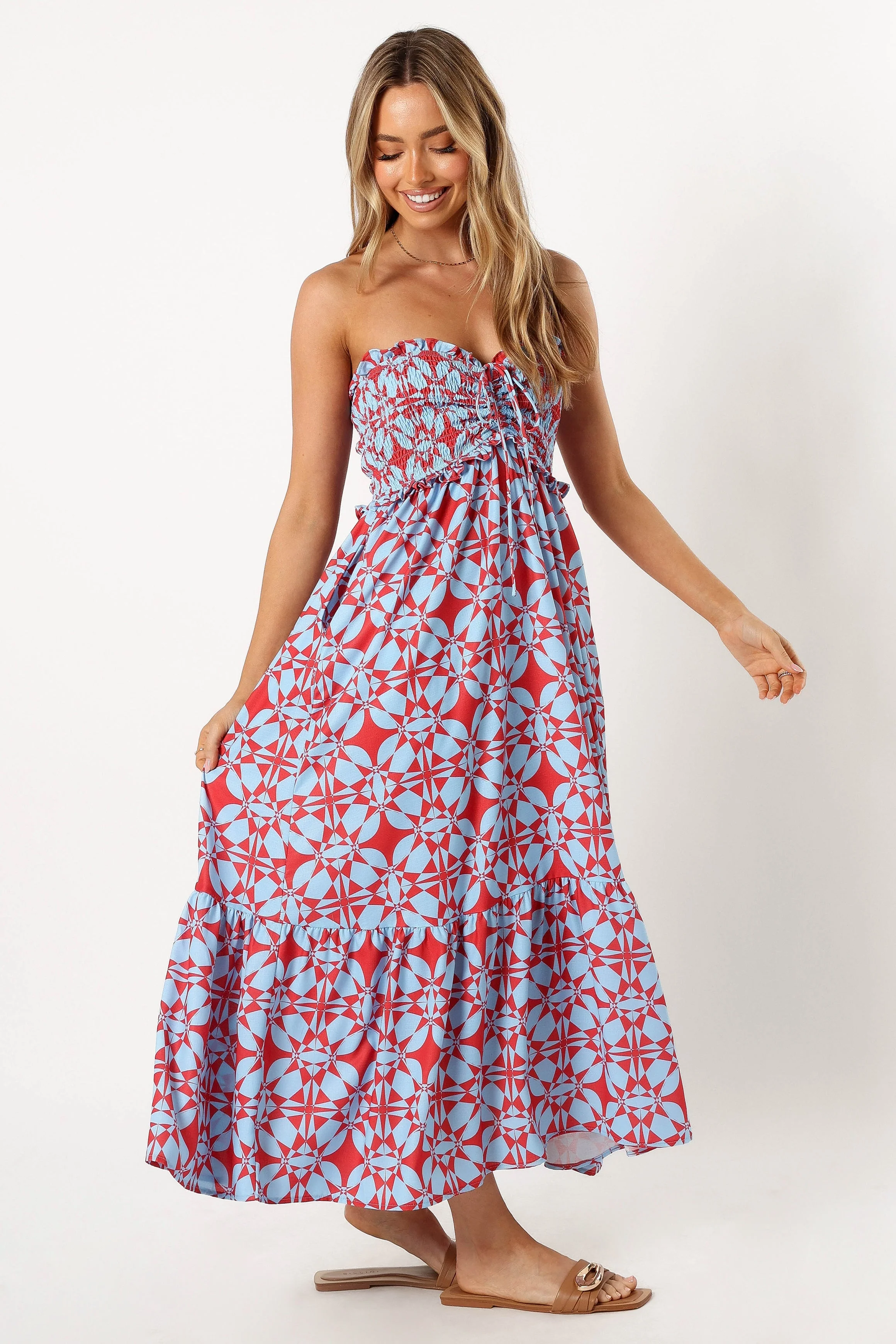 Dayton Strapless Midi Dress - Red Blue