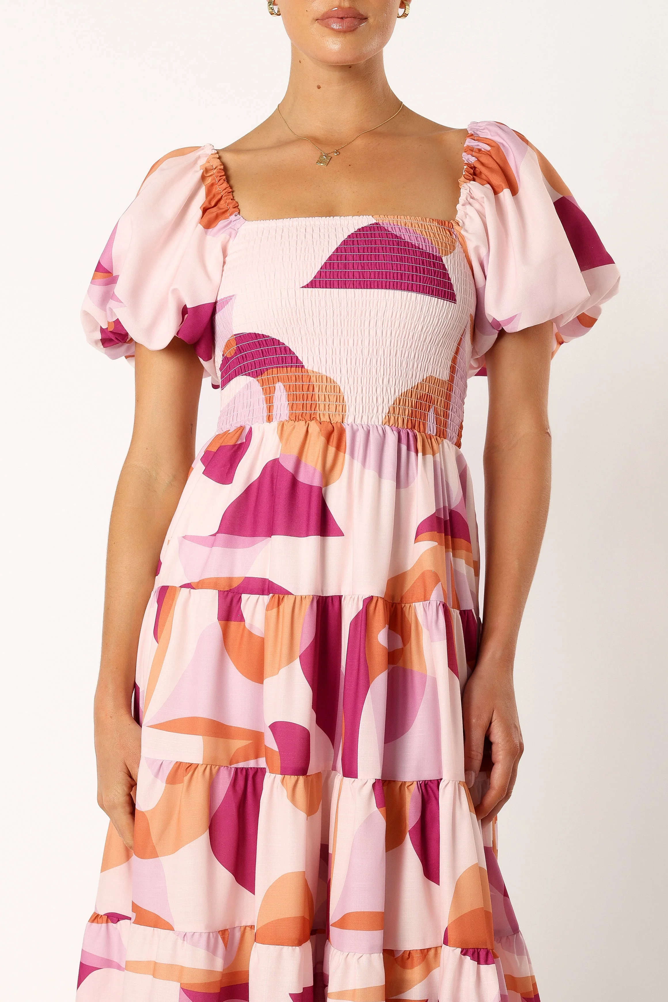 Mollie Puff Sleeve Midi Dress - Pink Swirl