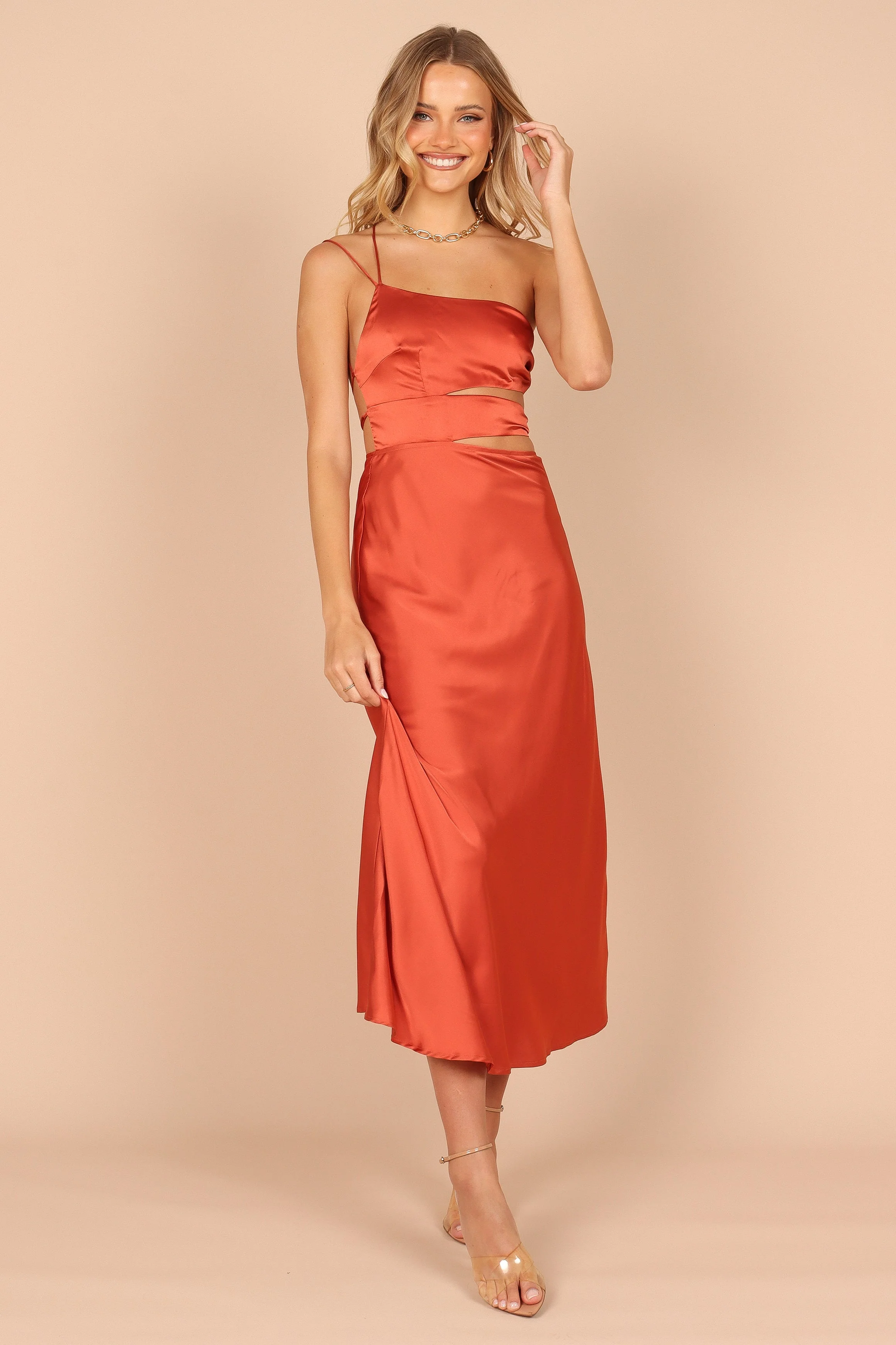 Forelle One Shoulder Cut Out Midi Dress - Rust