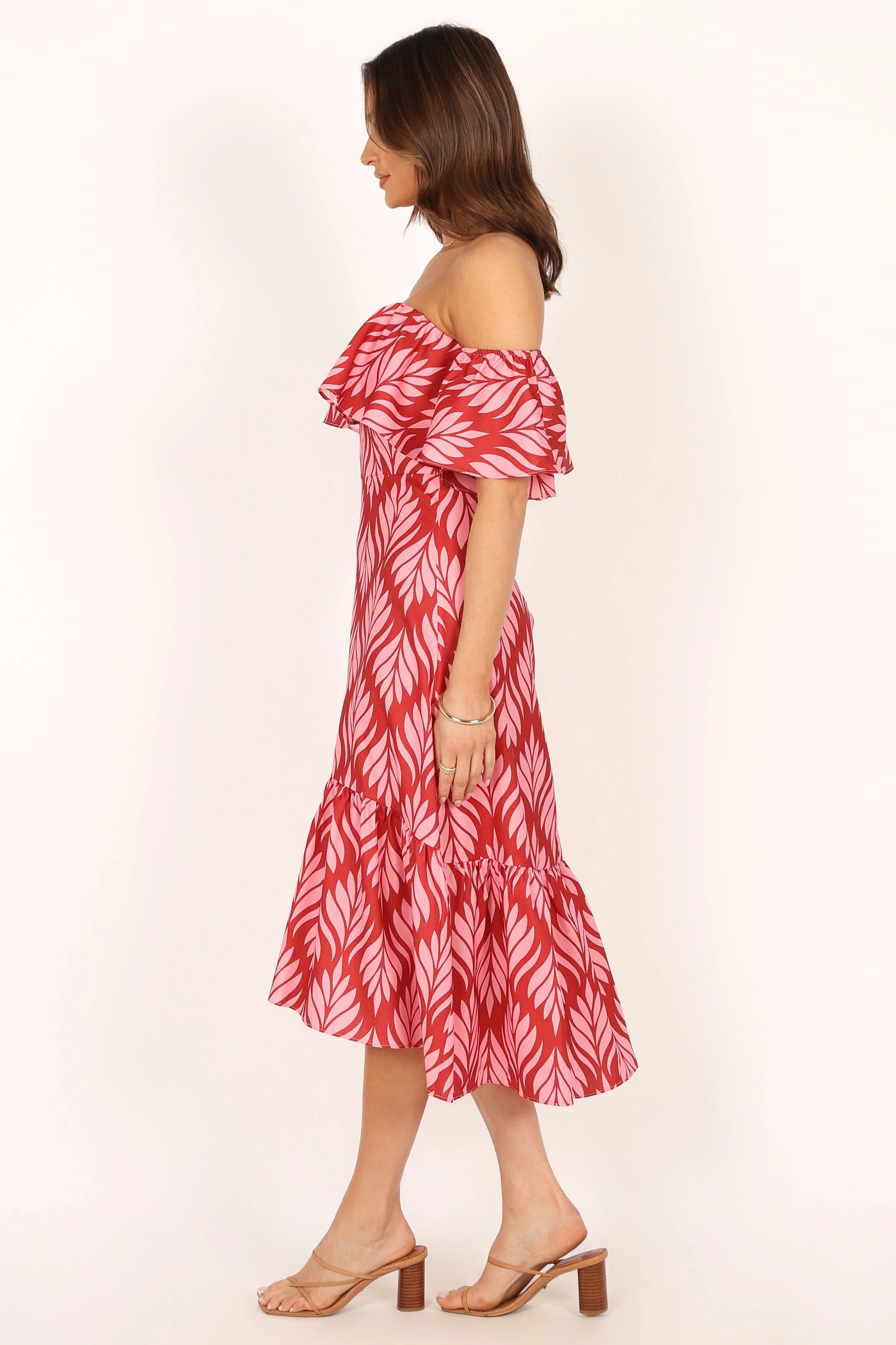 Neoma Strapless Midi Dress - Red Palm Print