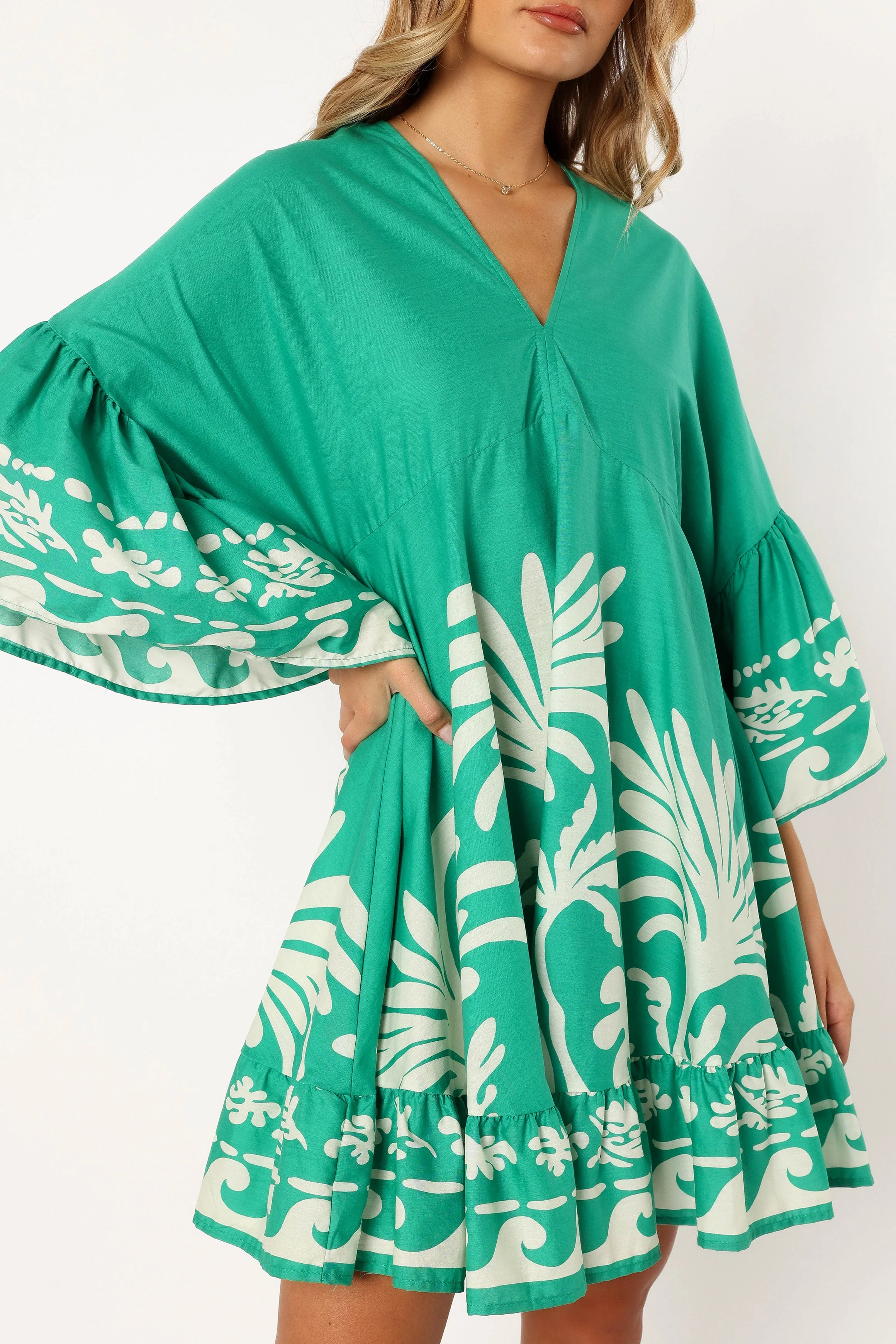 Chicque Long Sleeve Mini Dress - Green Print