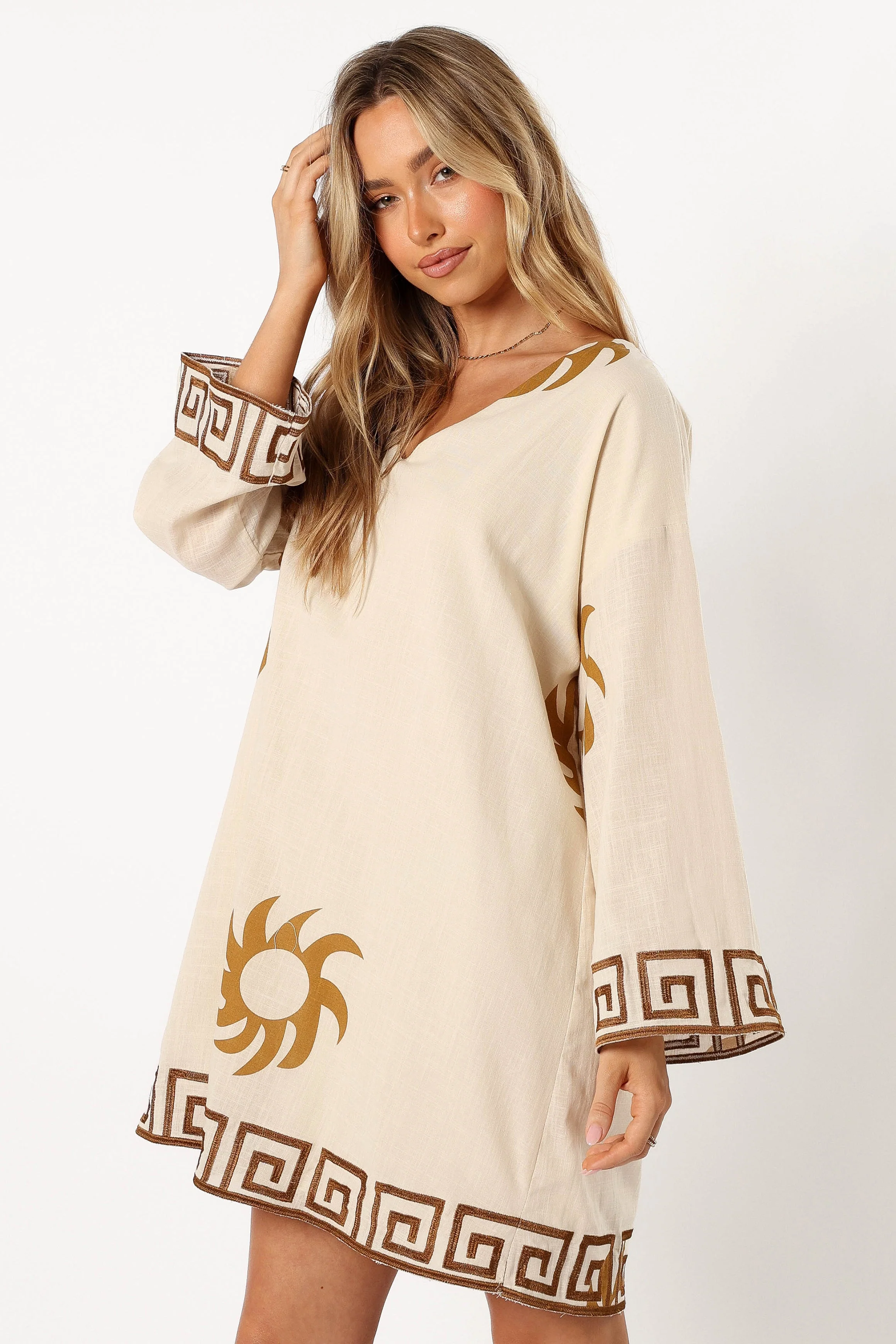Bondi Long Sleeve Linen Mini Dress - Beige Brown