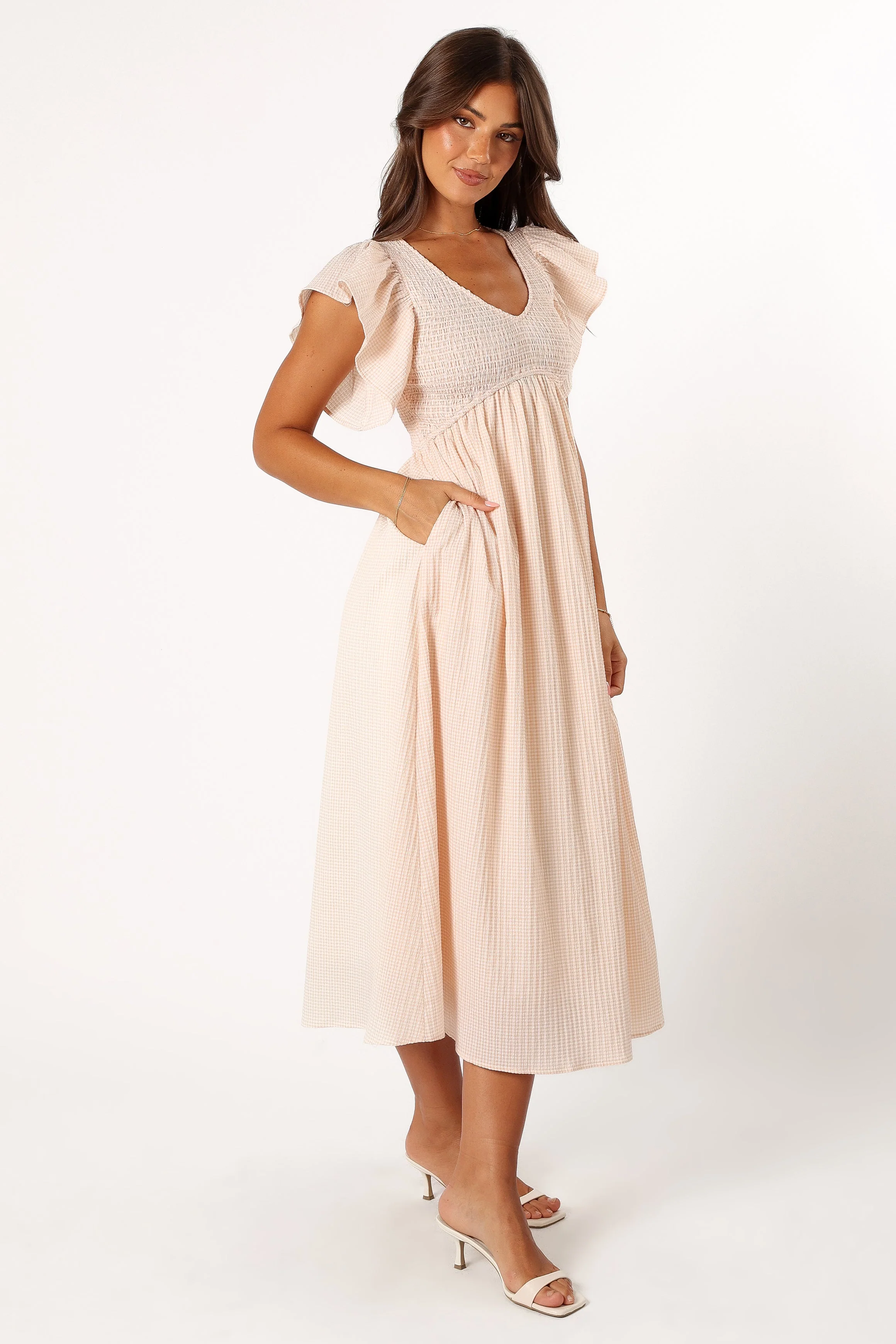 Farley Flutter Sleeve Midi Dress - Tan Gingham