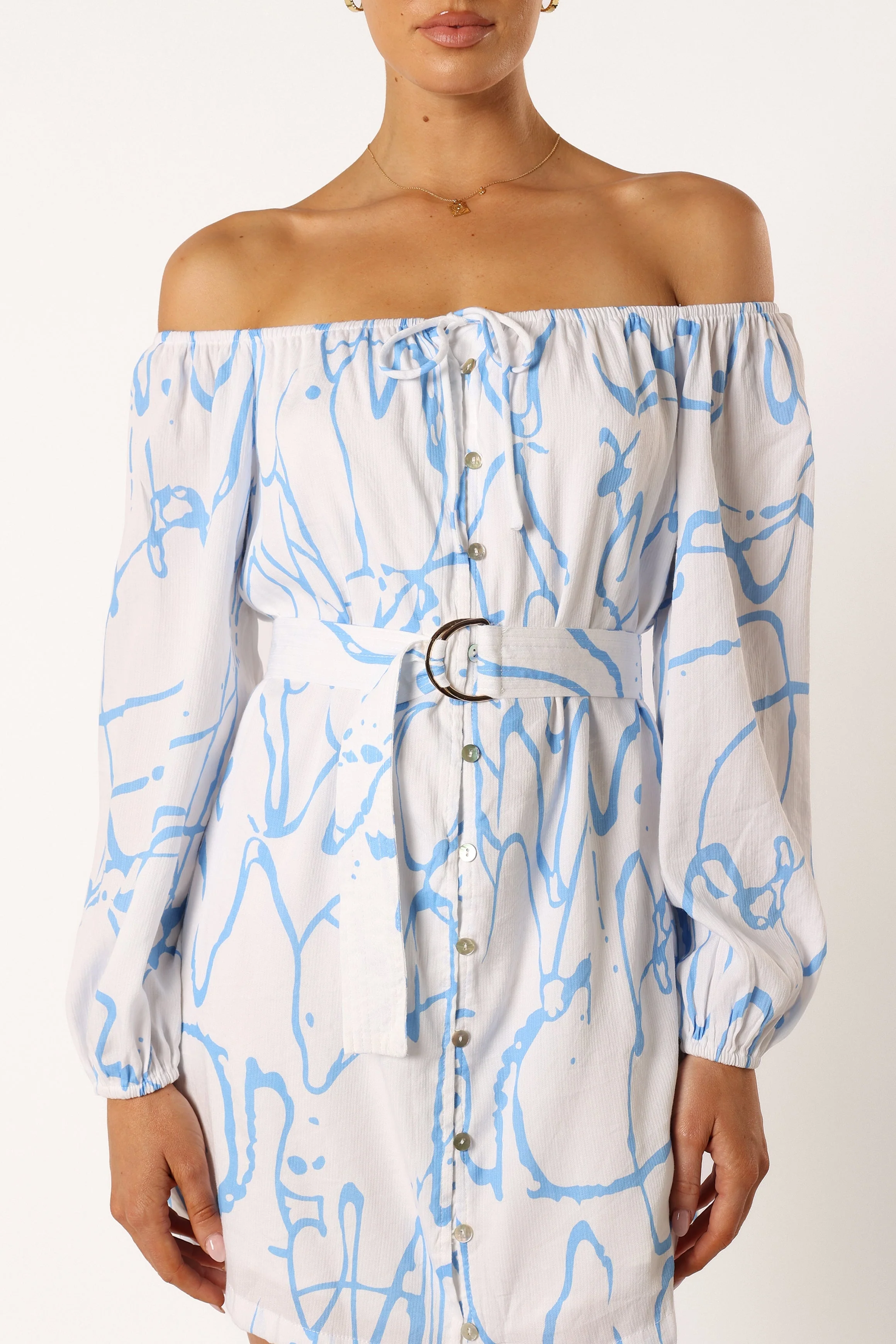 Beau Off Shoulder Mini Dress - Blue Print