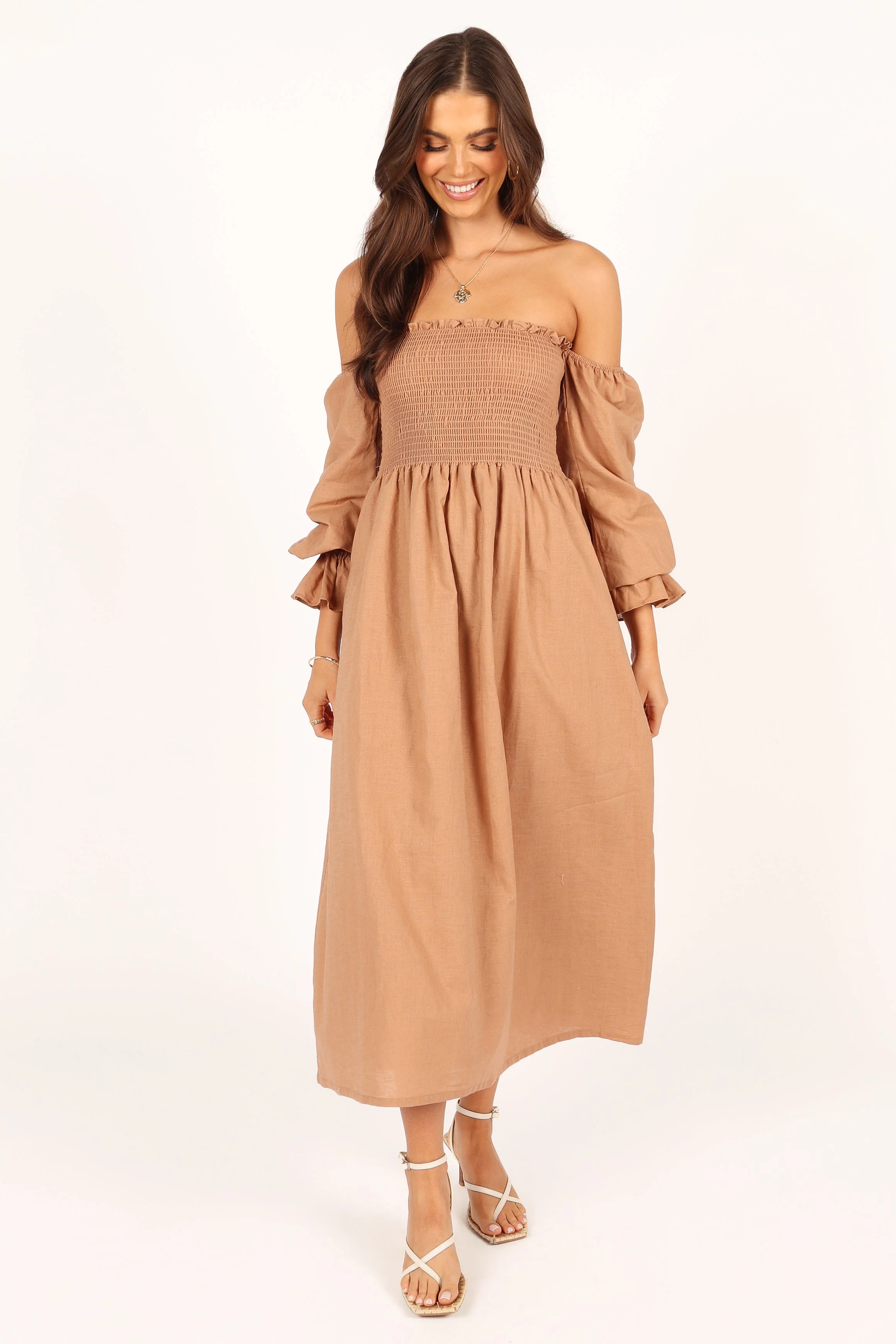 Domenica Shirred Long Sleeve Midi Dress - Tan
