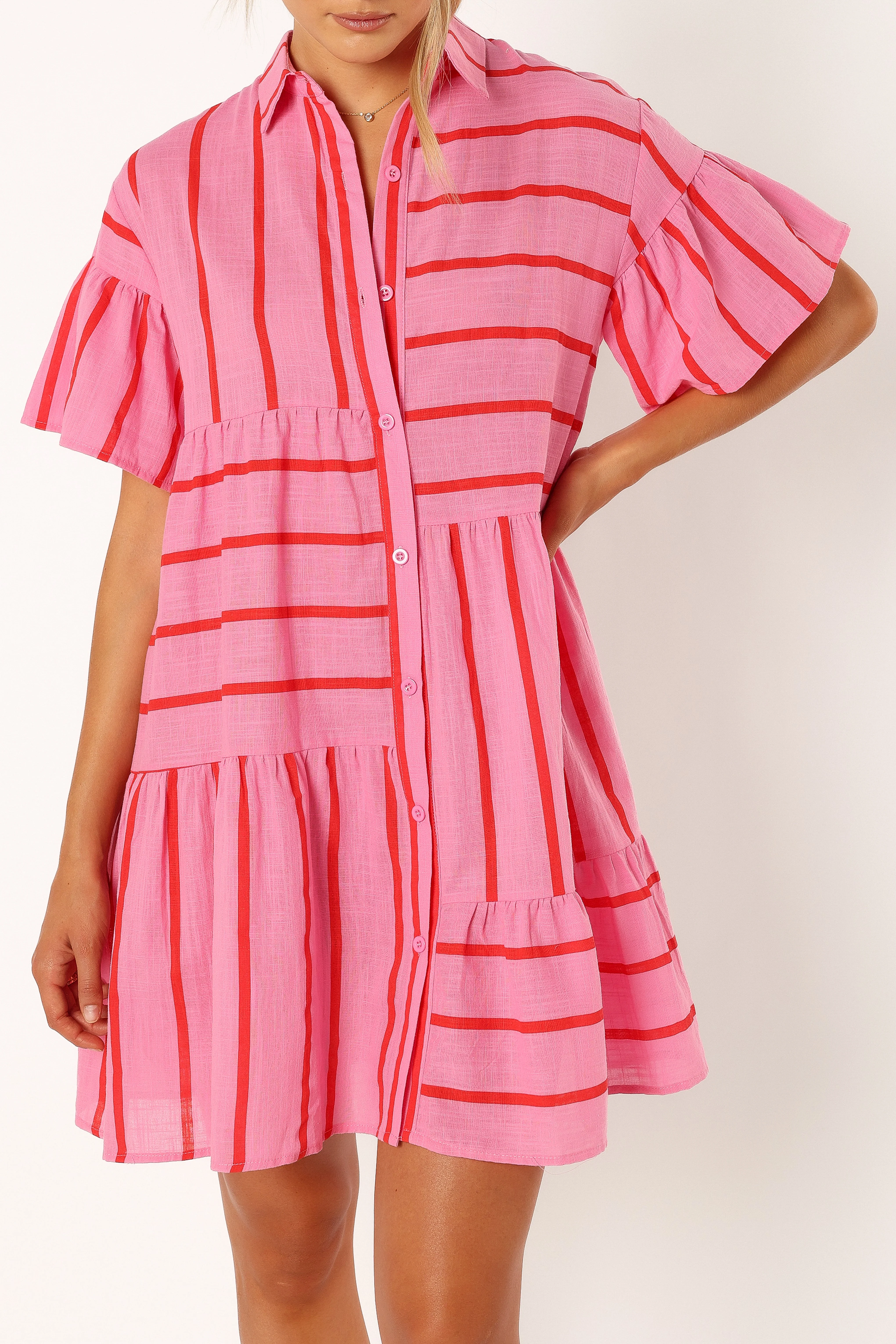 Peachy Mini Linen Dress - Pink Red