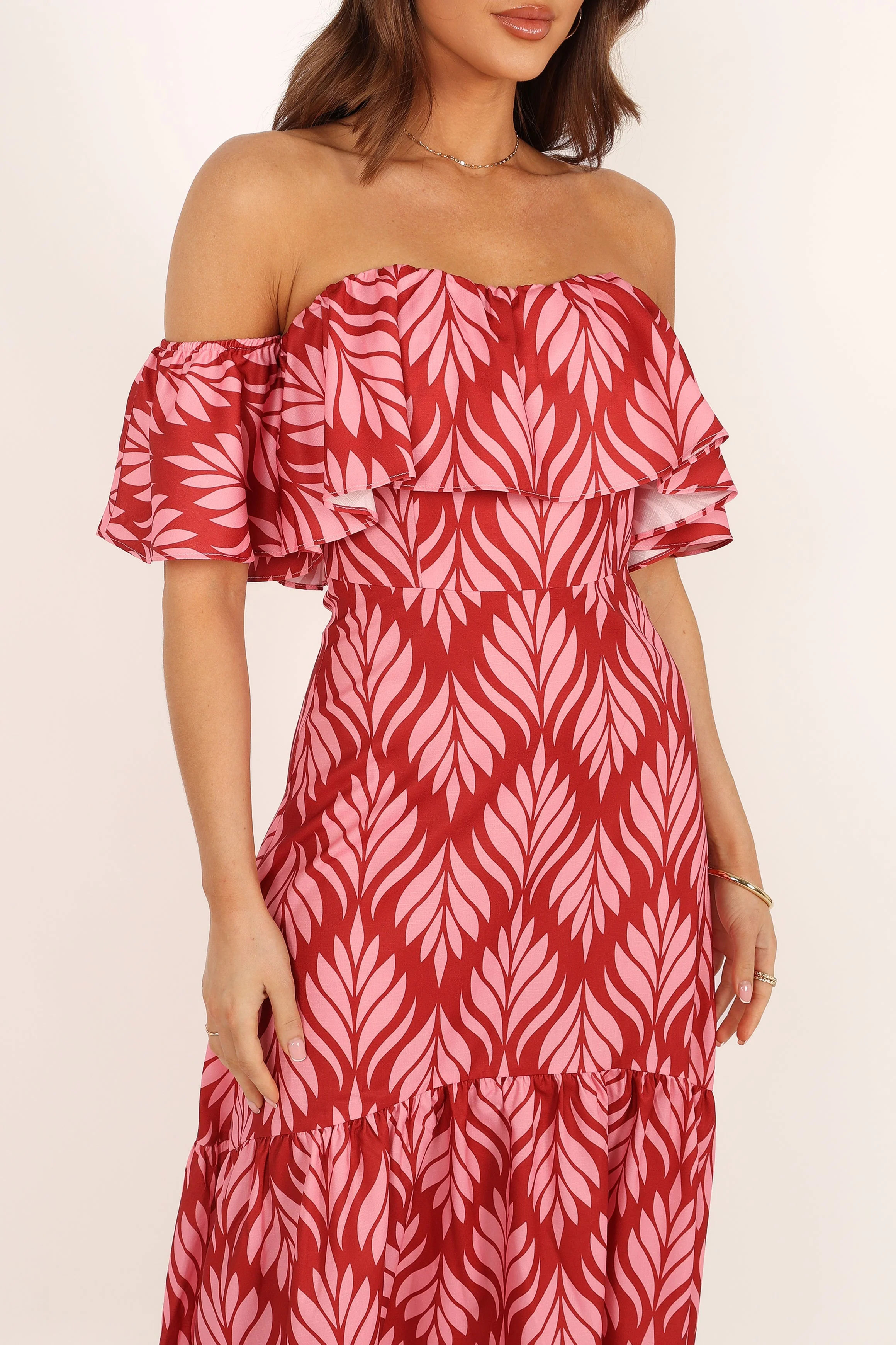 Neoma Strapless Midi Dress - Red Palm Print