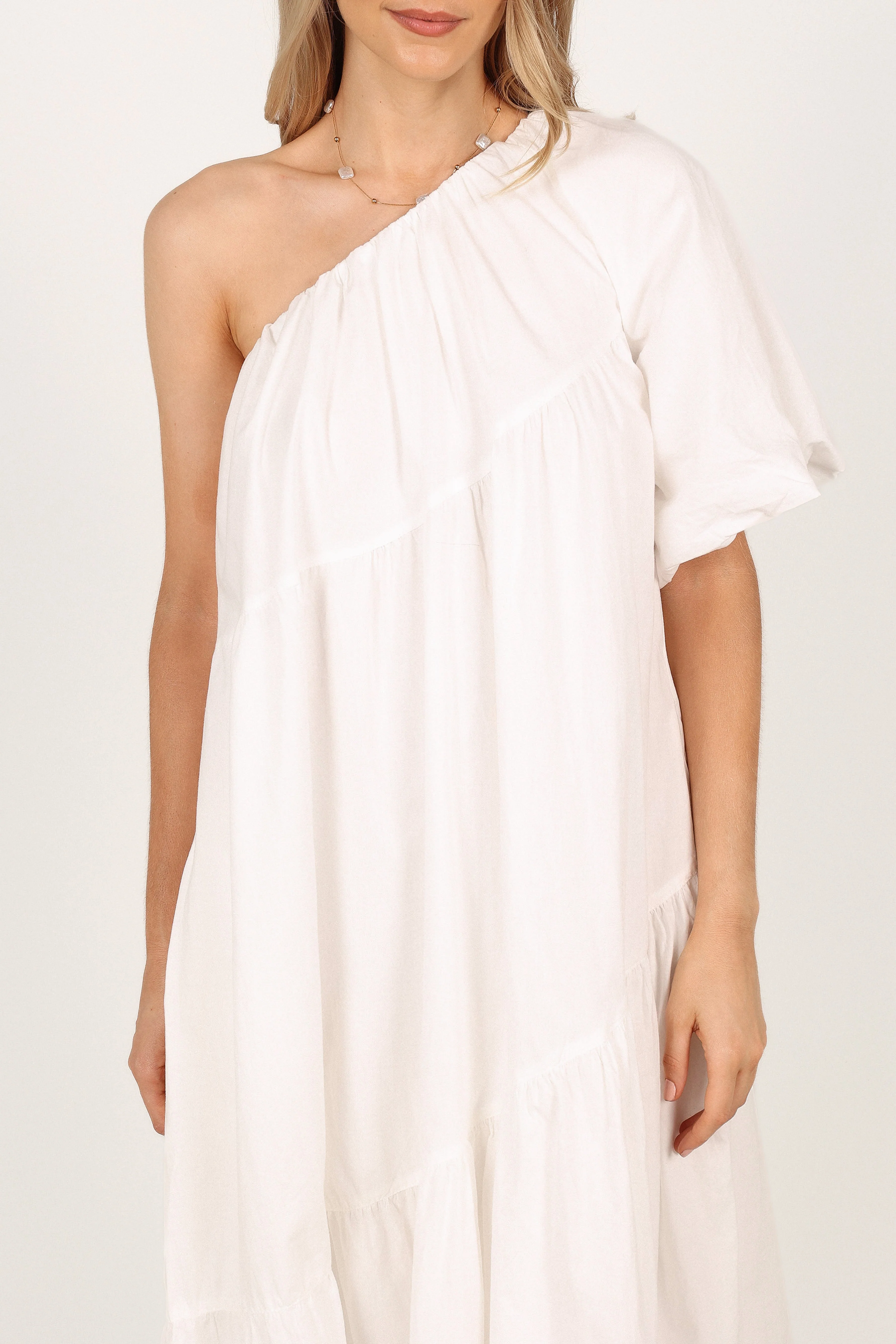 Stephanie One Shoulder Puff Sleeve Midi Dress - White