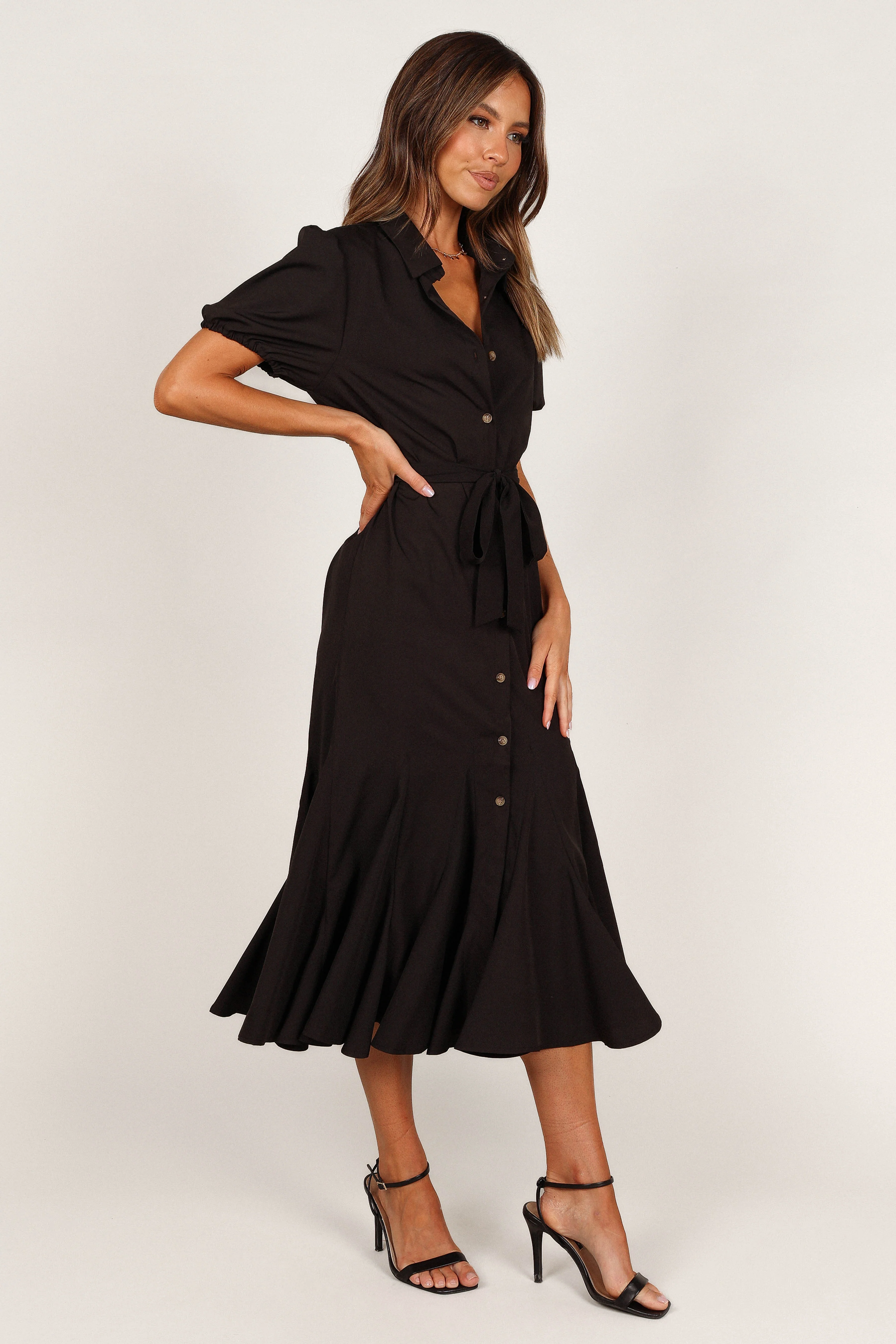 Gabrielle Button Down Midi Dress - Black