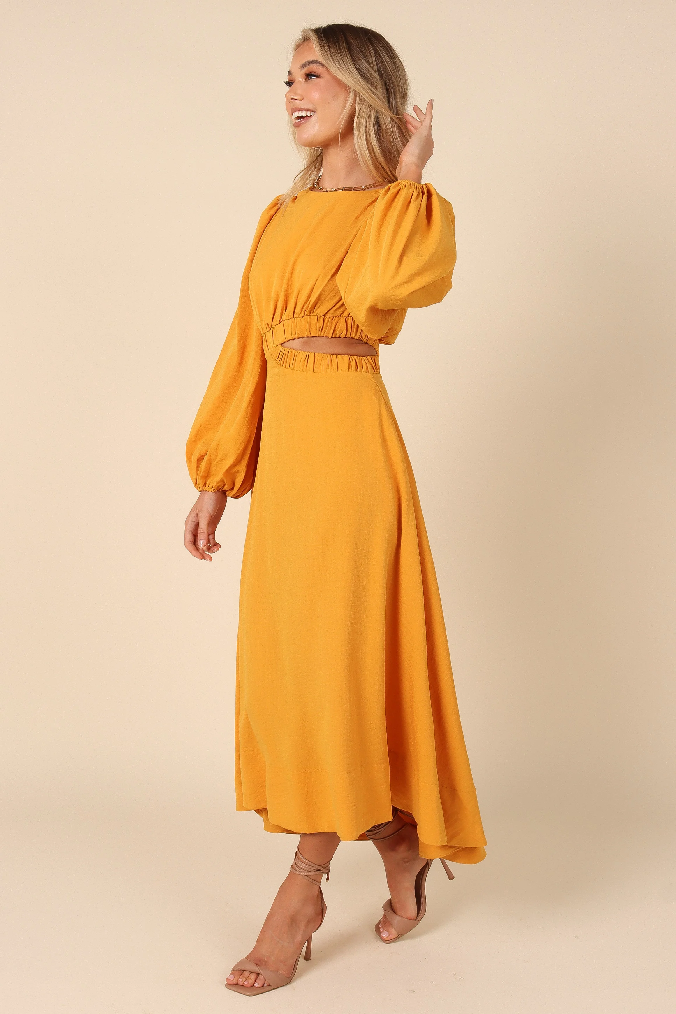 Ginnee Puff Sleeve Cutout Midi Dress - Mustard
