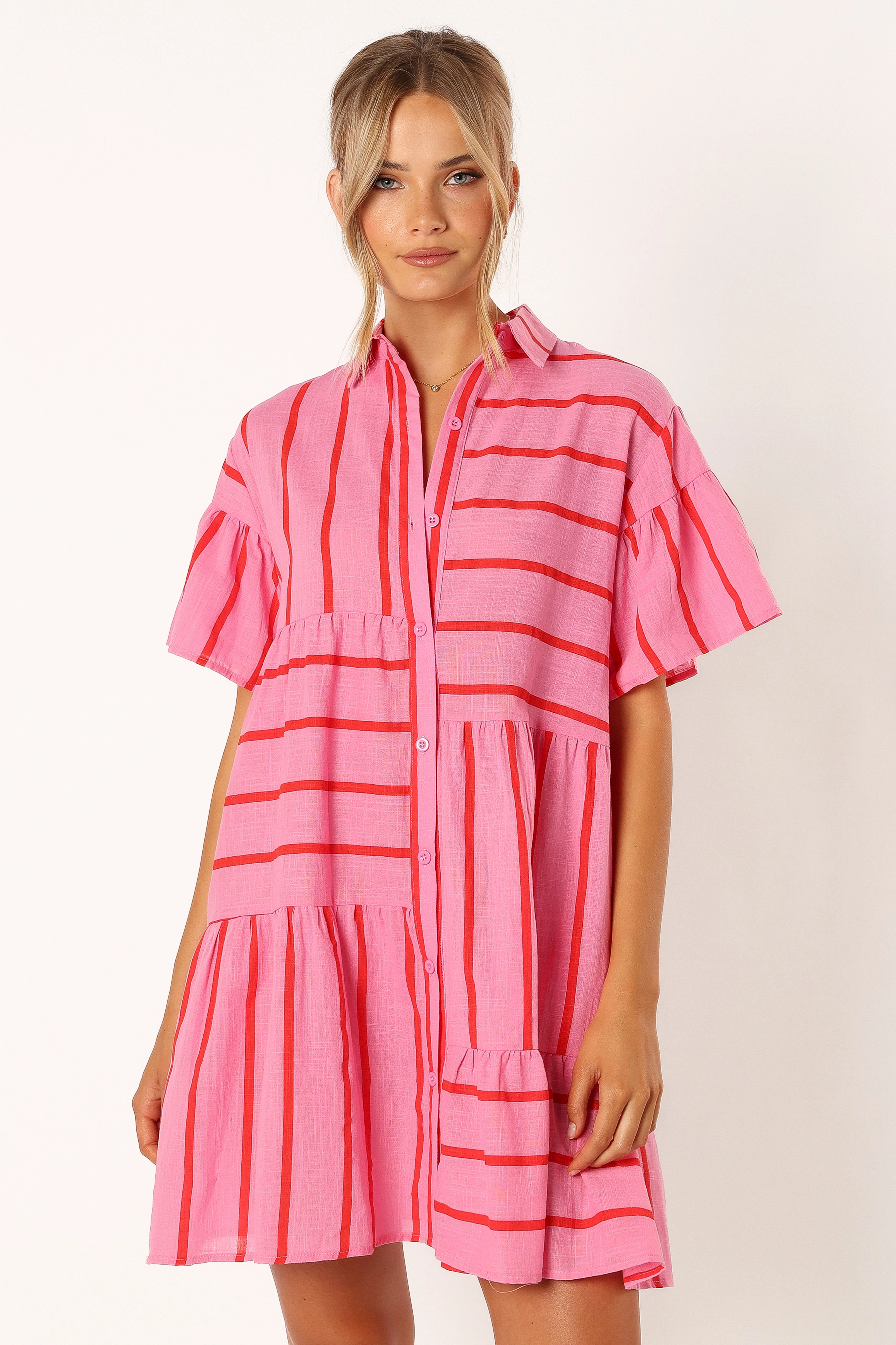 Peachy Mini Linen Dress - Pink Red