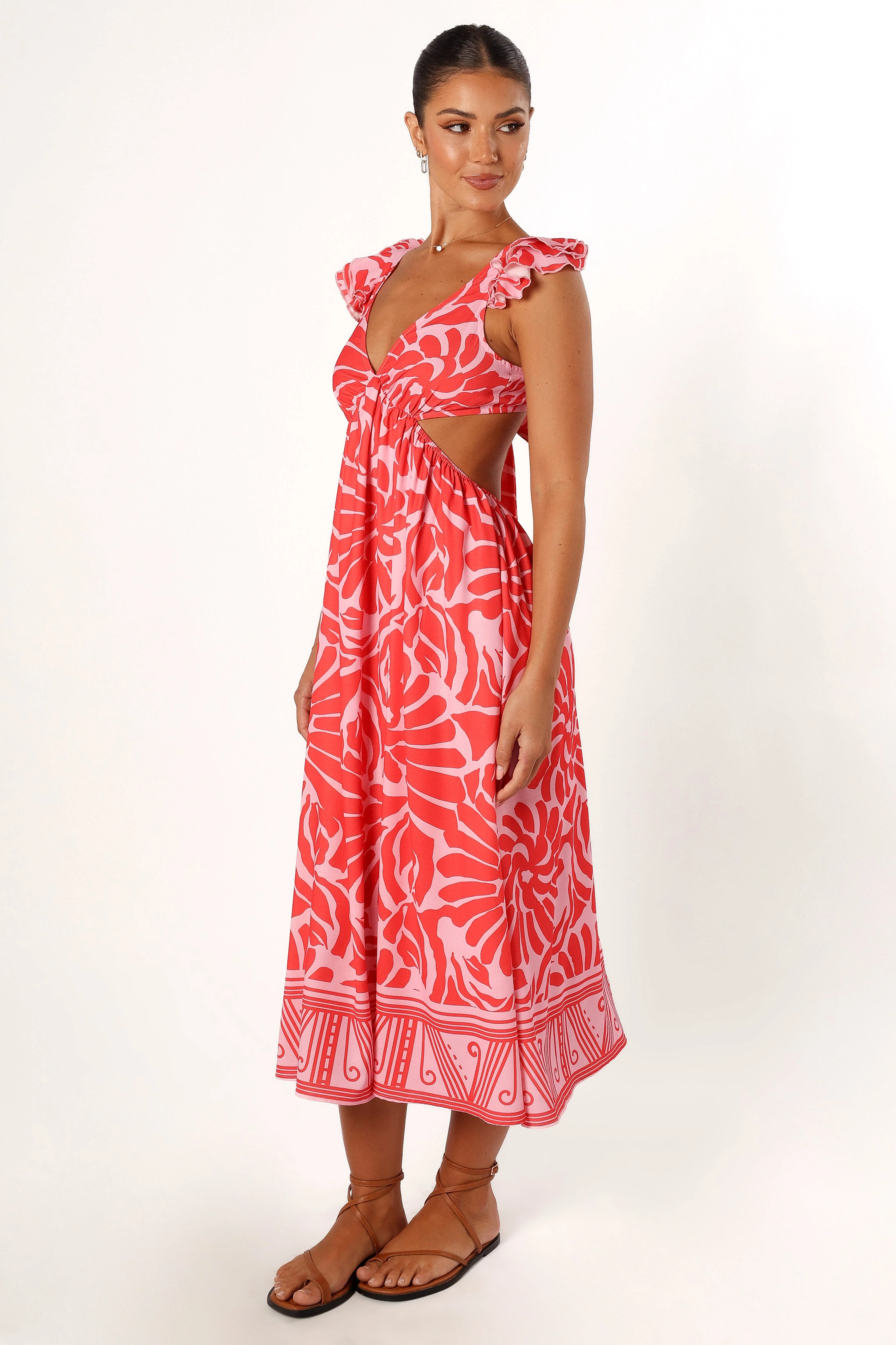 Denali Midi Dress - Red Pink Print