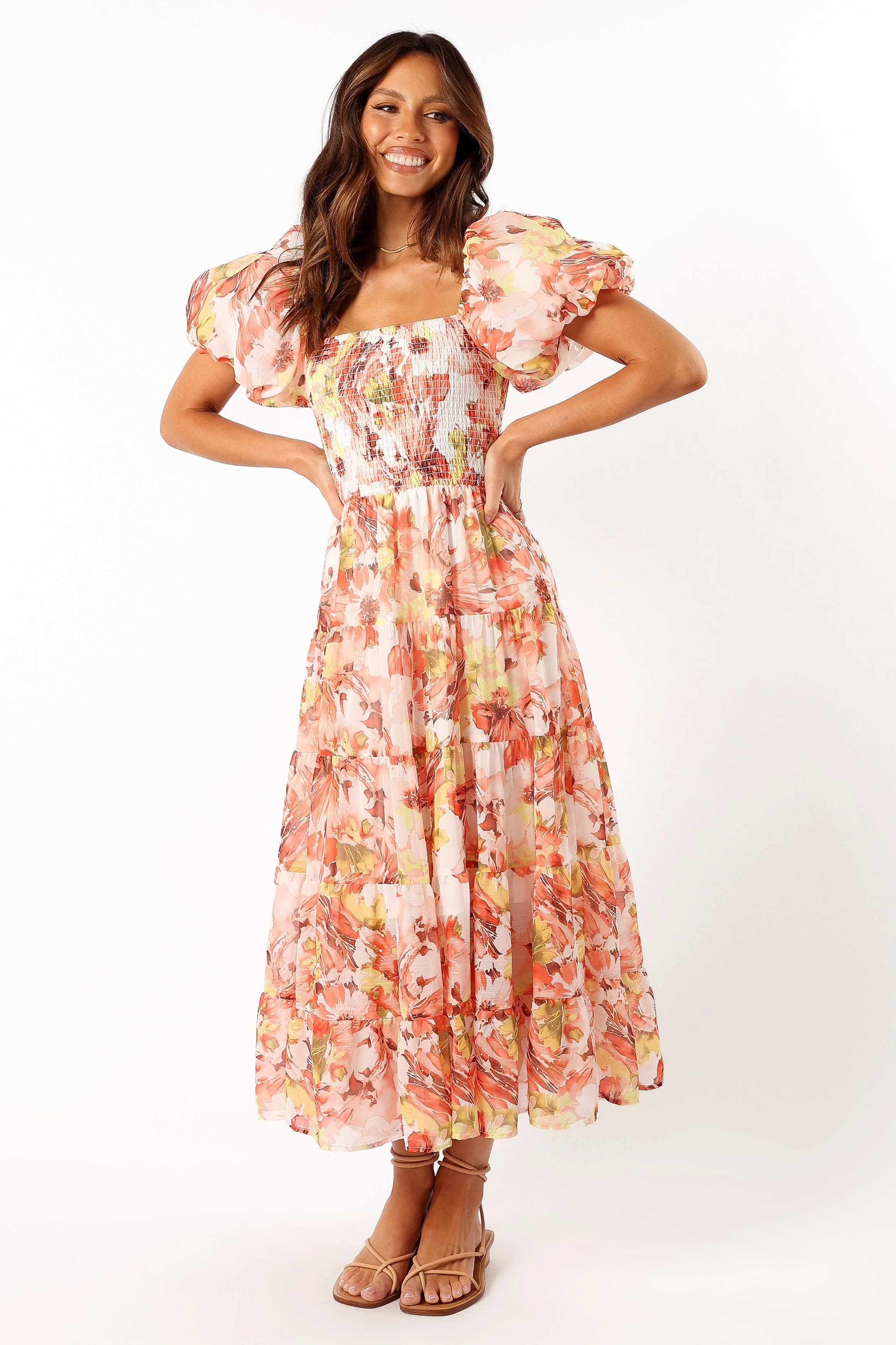 Jolie Puff Sleeve Midi Dress - Coral