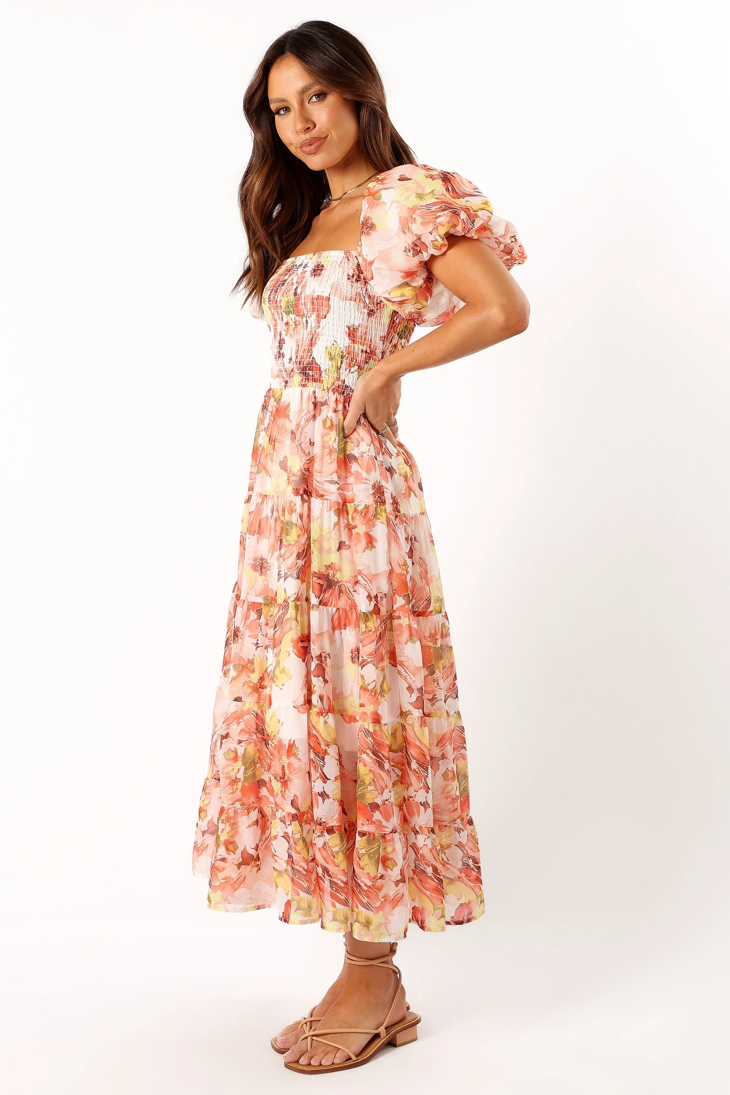 Jolie Puff Sleeve Midi Dress - Coral