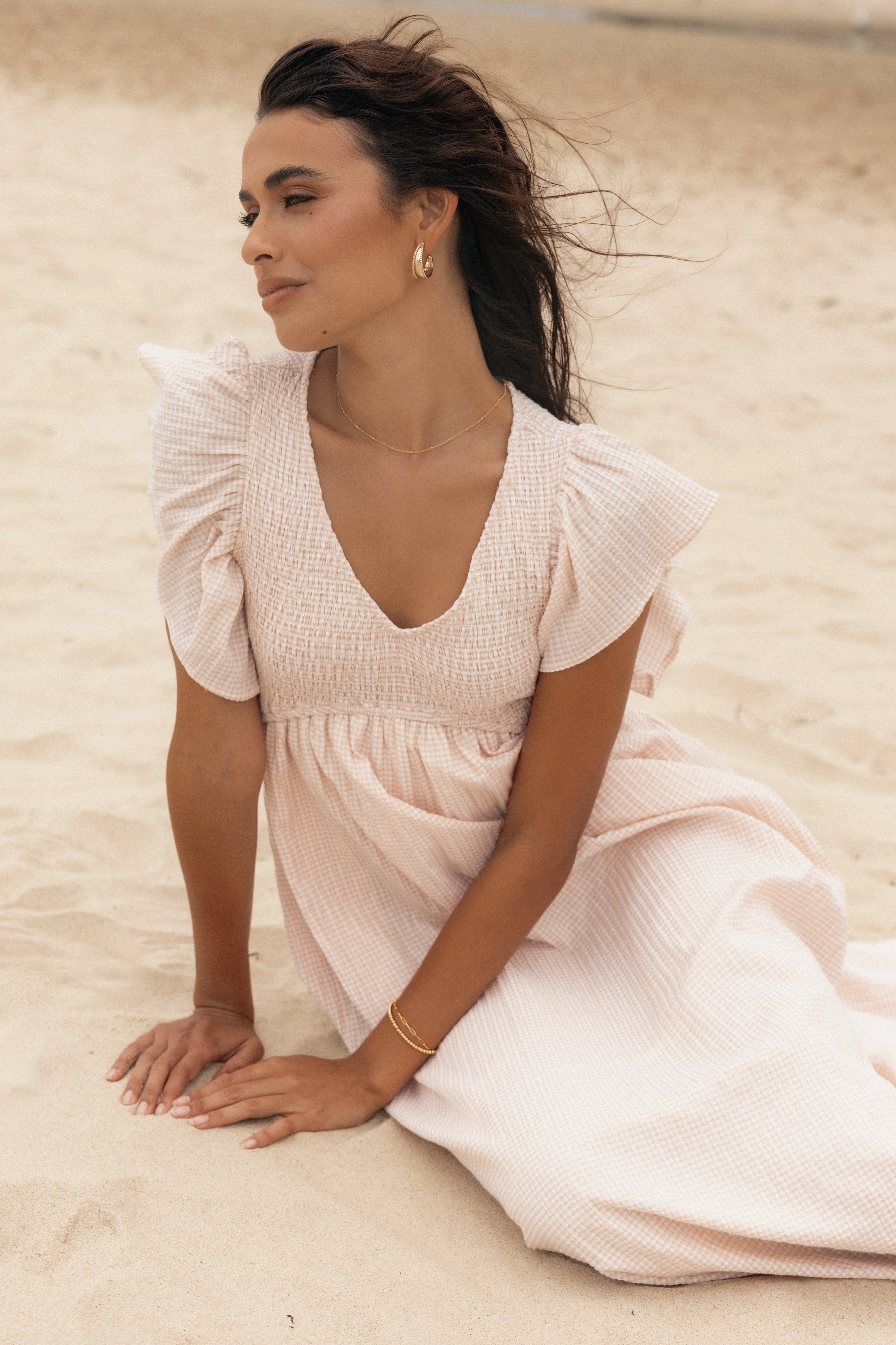 Farley Flutter Sleeve Midi Dress - Tan Gingham