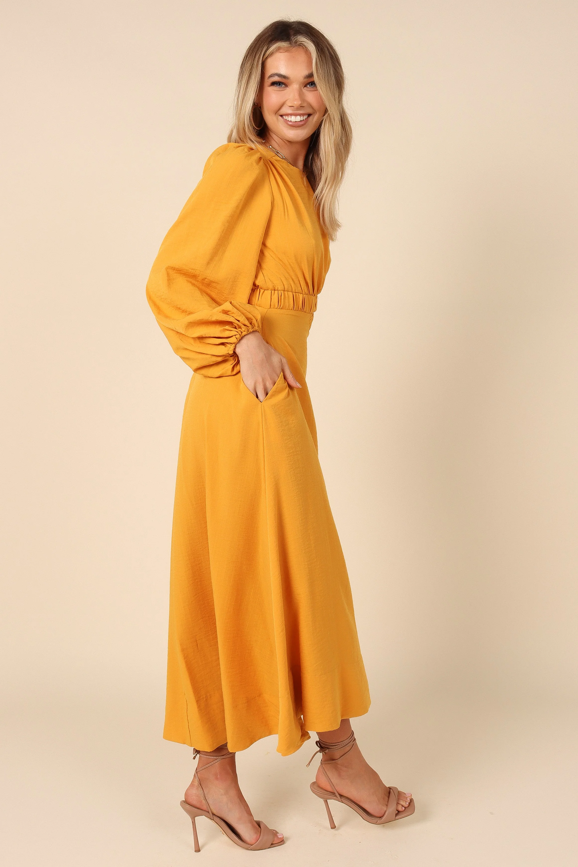 Ginnee Puff Sleeve Cutout Midi Dress - Mustard