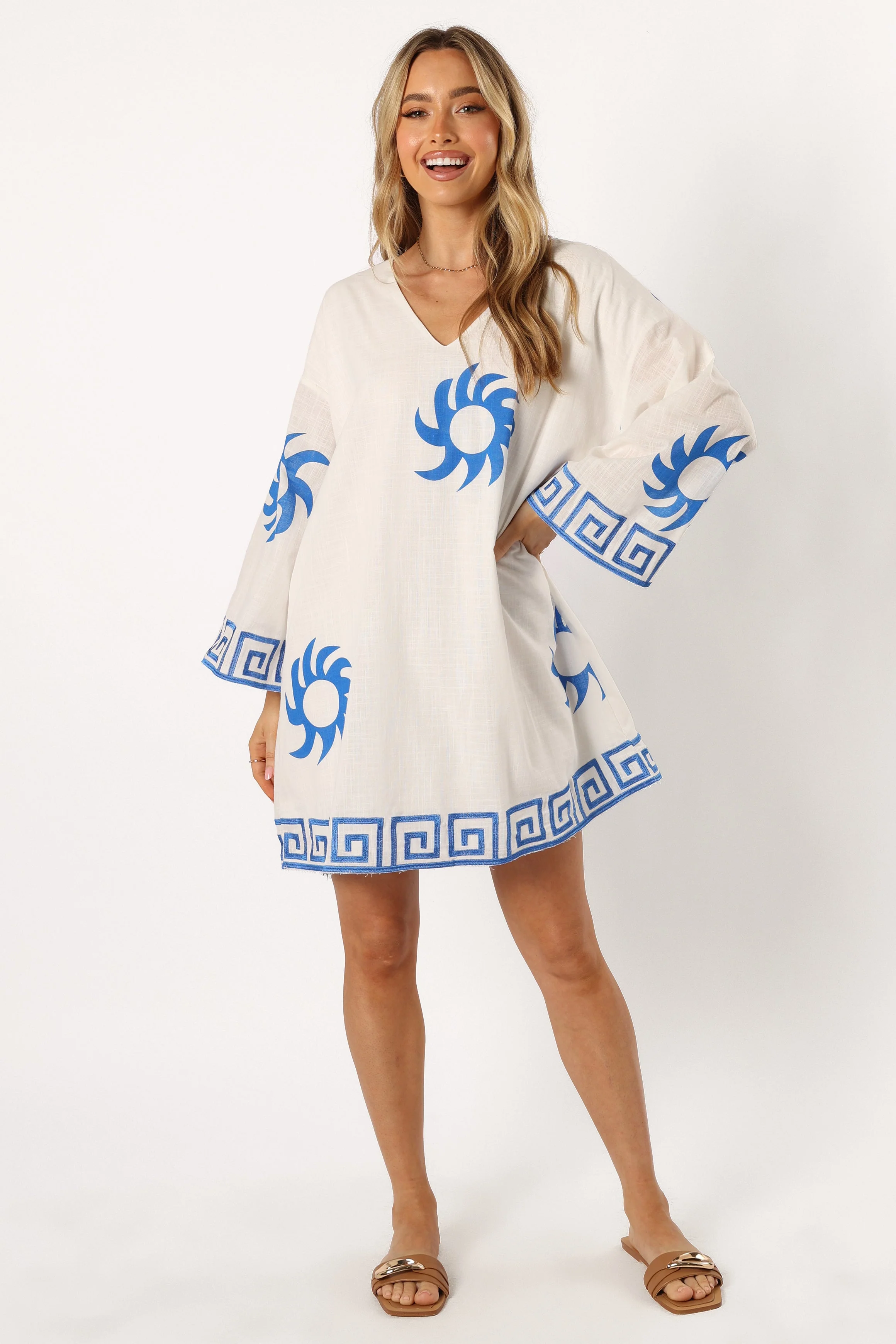 Bondi Long Sleeve Linen Mini Dress - White Blue