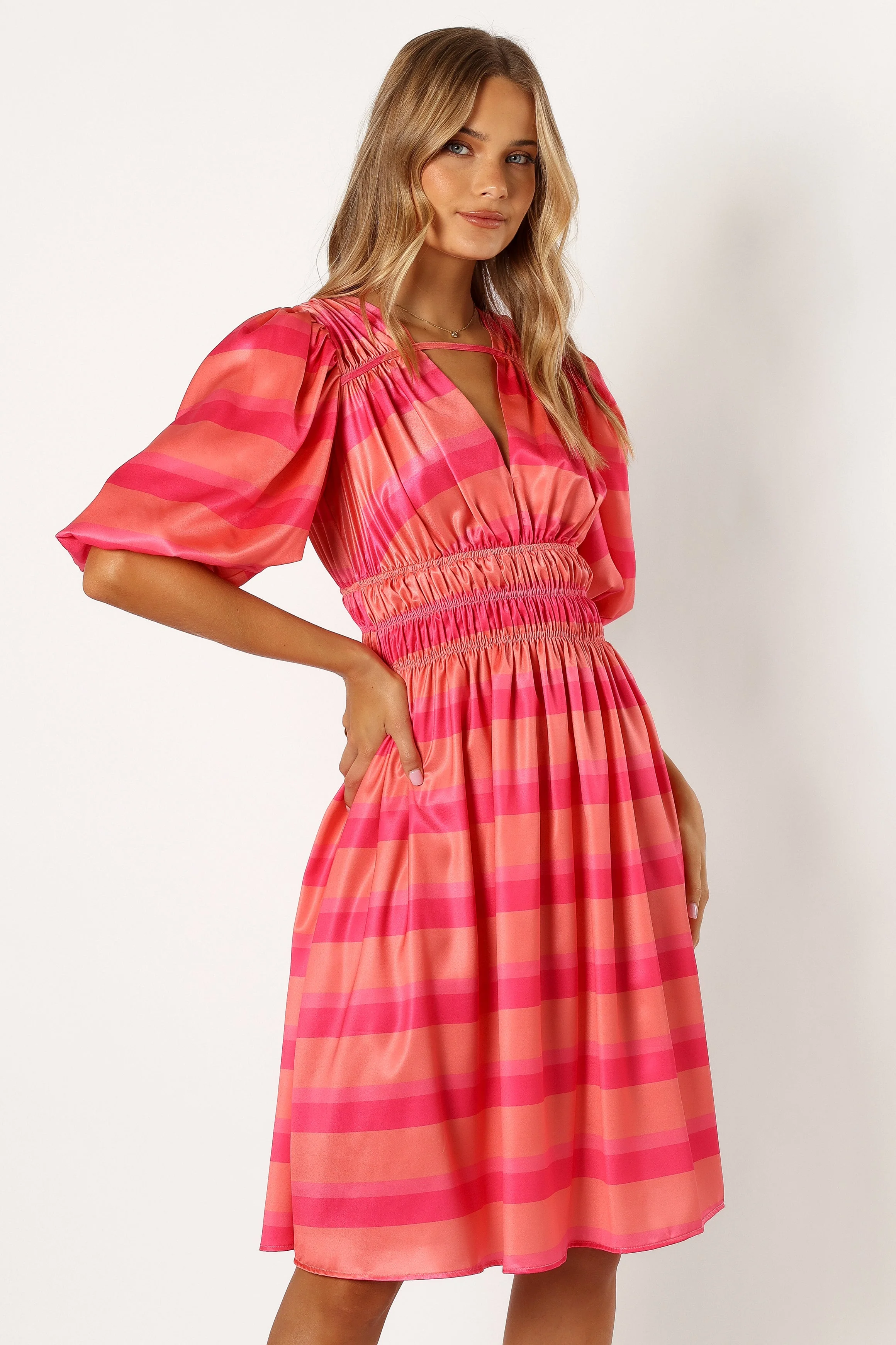 Lennon Puff Sleeve Midi Dress - Pink Orange