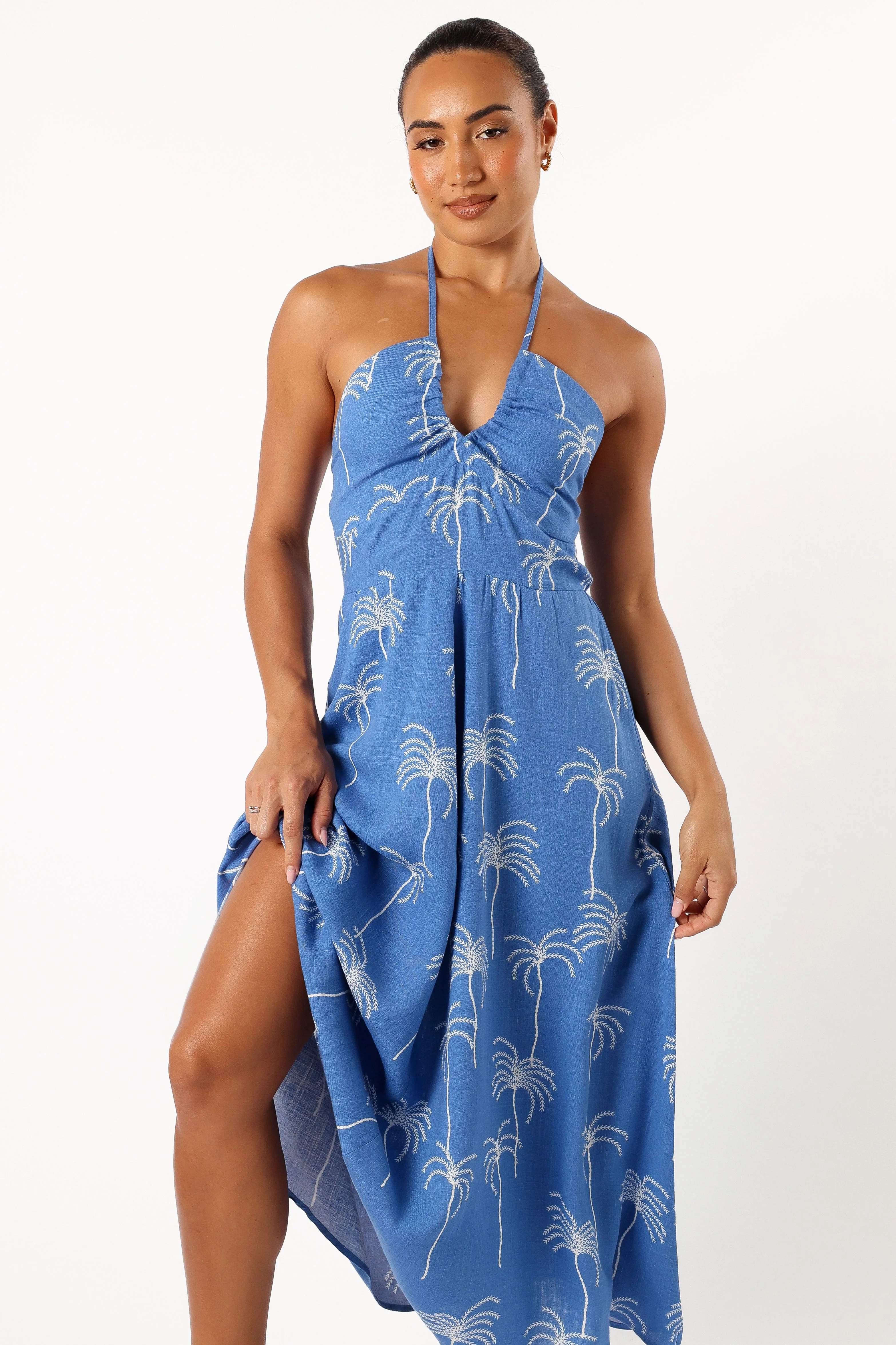 Granger Halterneck Midi Dress - Blue Palm Print