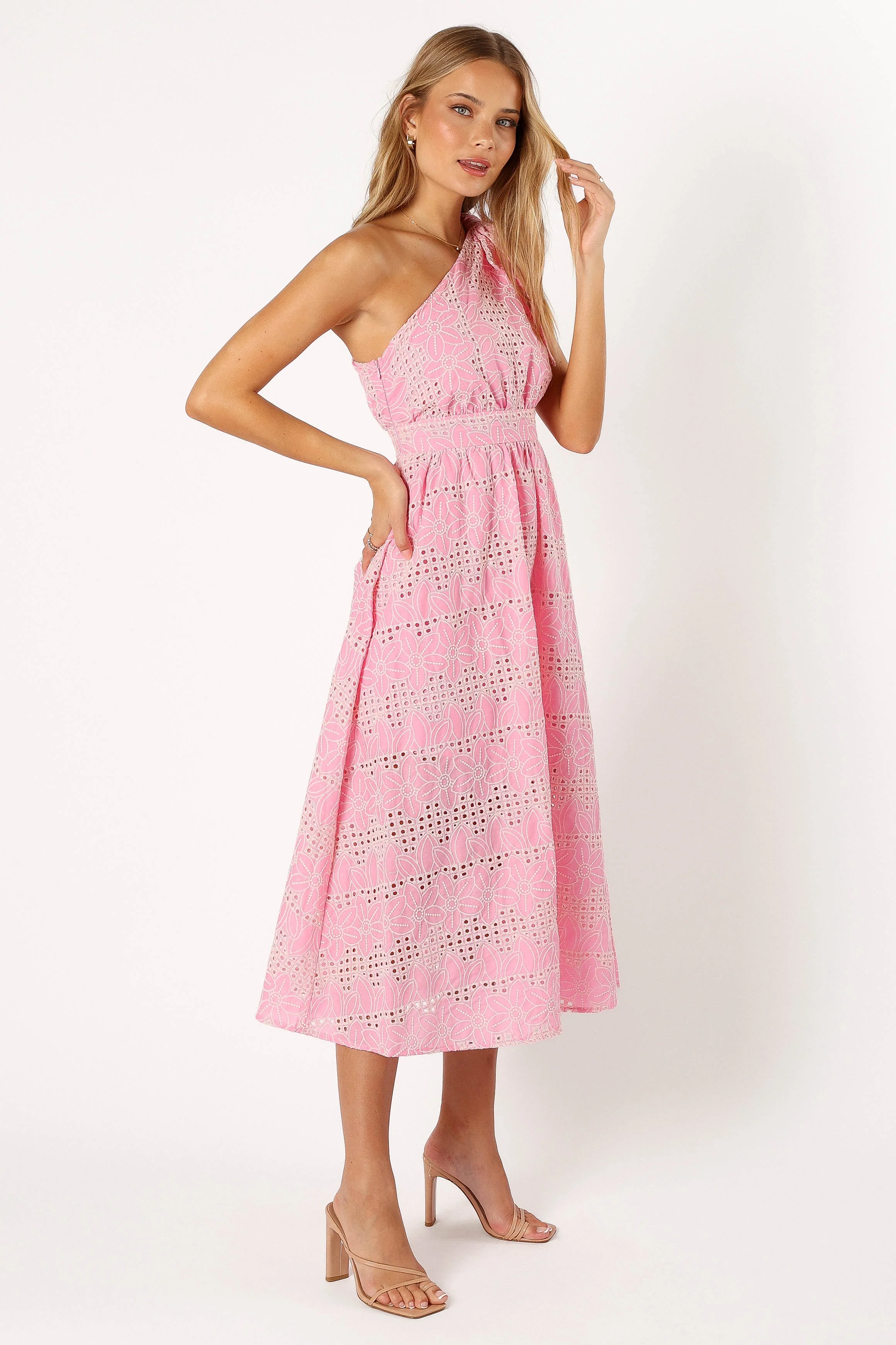 Cinderose One Shoulder Midi Dress - Pink