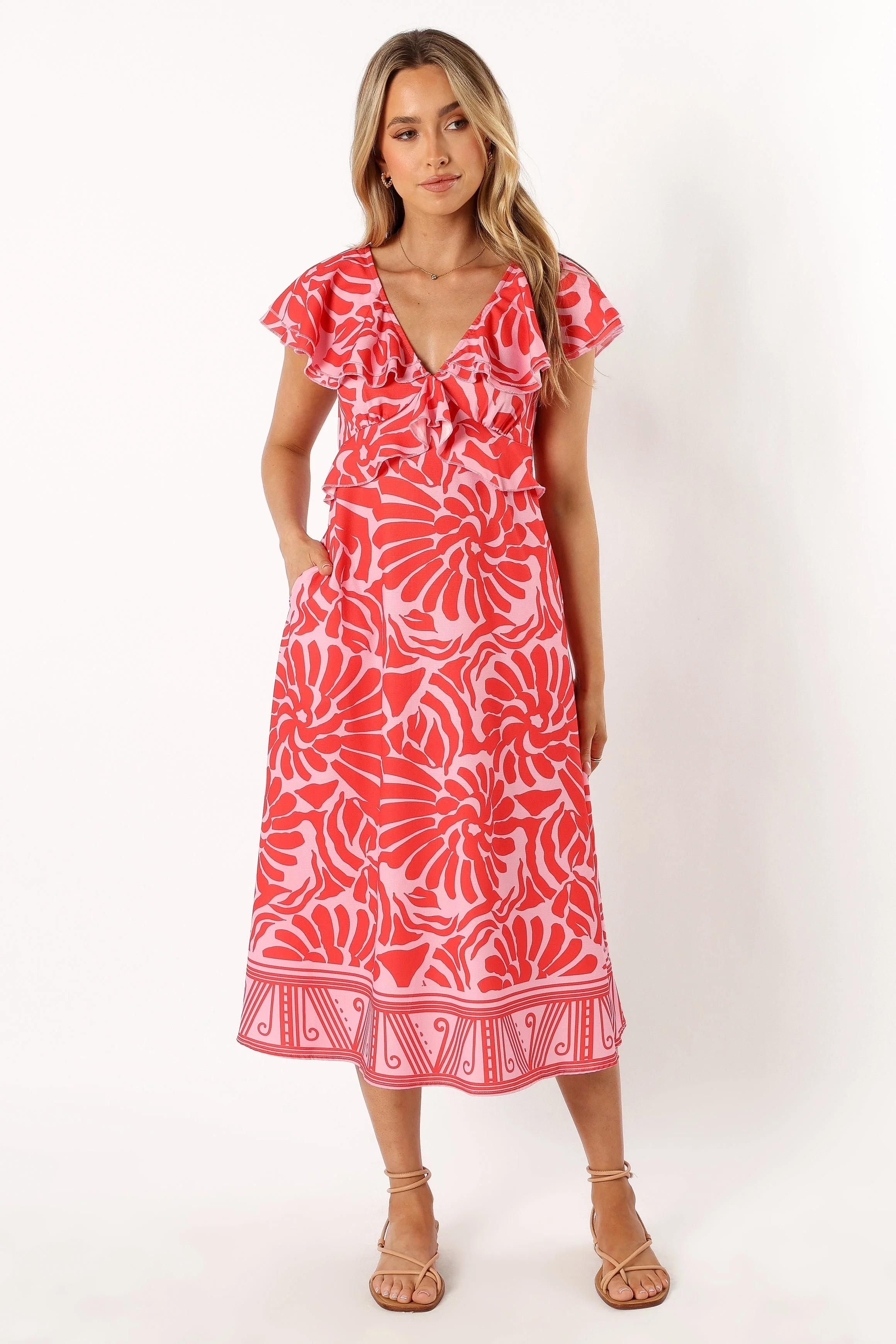 Harris Frill Sleeve Midi Dress - Red Pink
