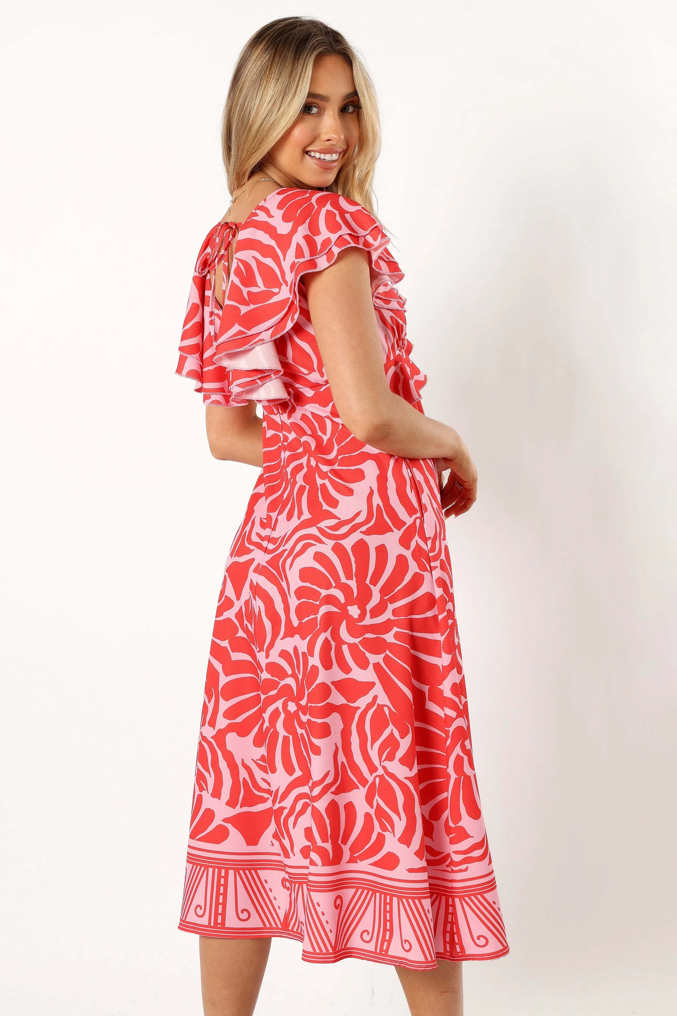 Harris Frill Sleeve Midi Dress - Red Pink