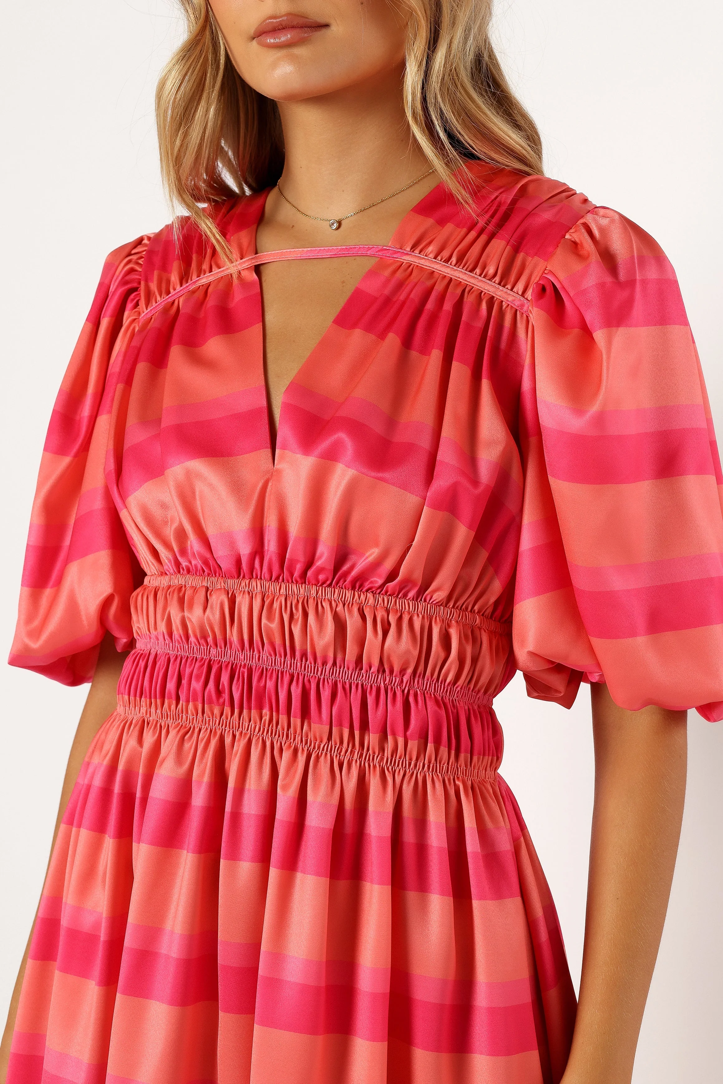 Lennon Puff Sleeve Midi Dress - Pink Orange