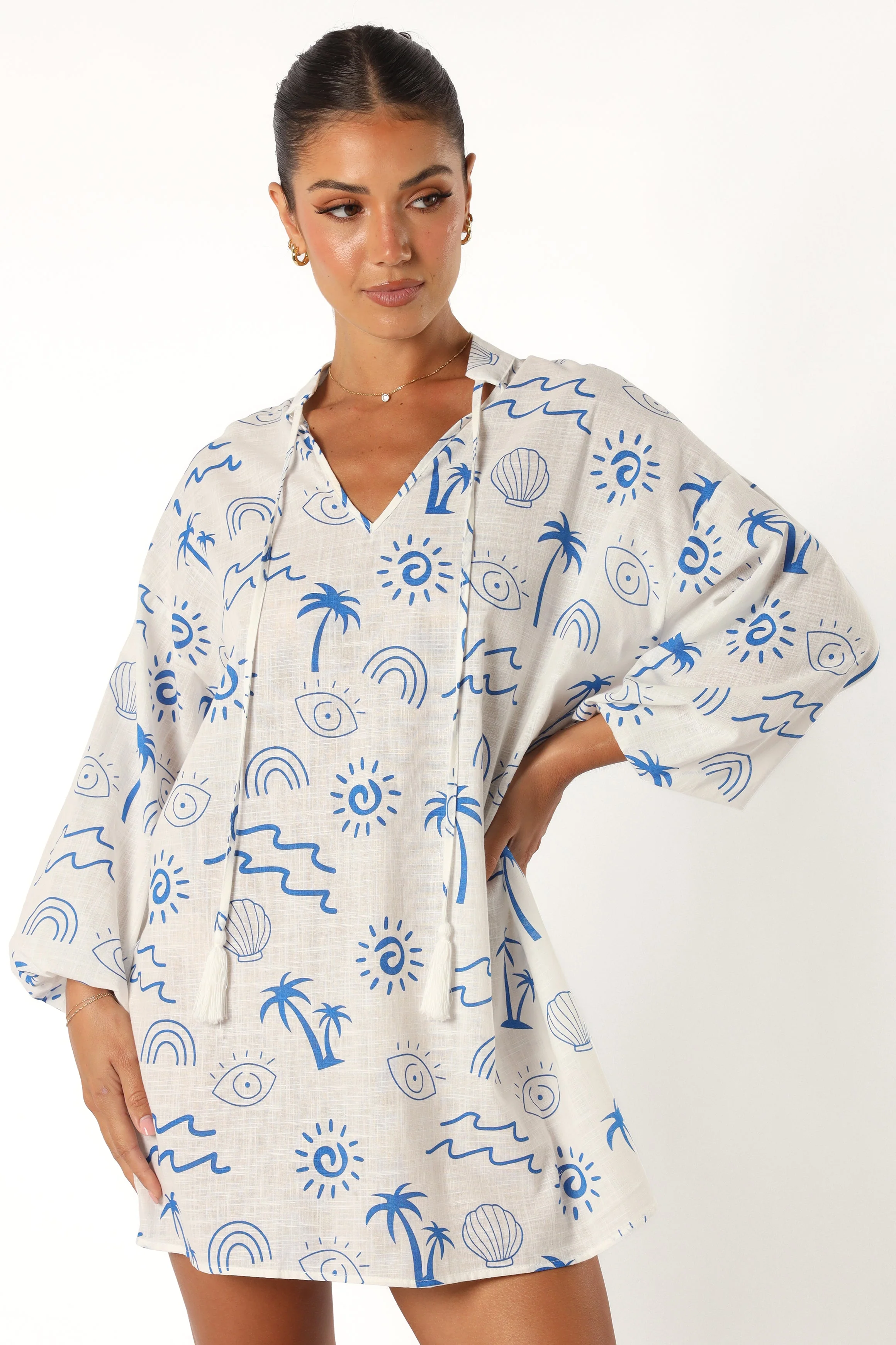 Laila Long Sleeve Linen Mini Dress - White Blue